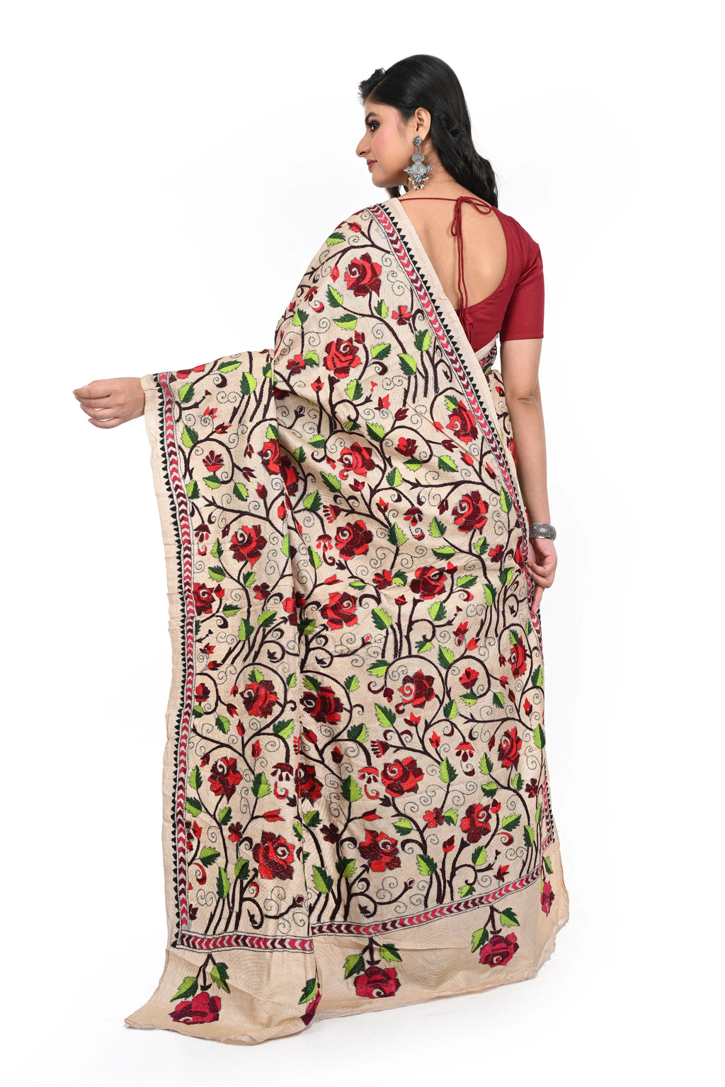 Pure Gachi Tussar Rose Motif Kantha Saree All Over Worked