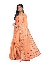 Peach Coloured Semi Tussar Saree with Hand Bulian Stitch Thick Border and Kantha Work
