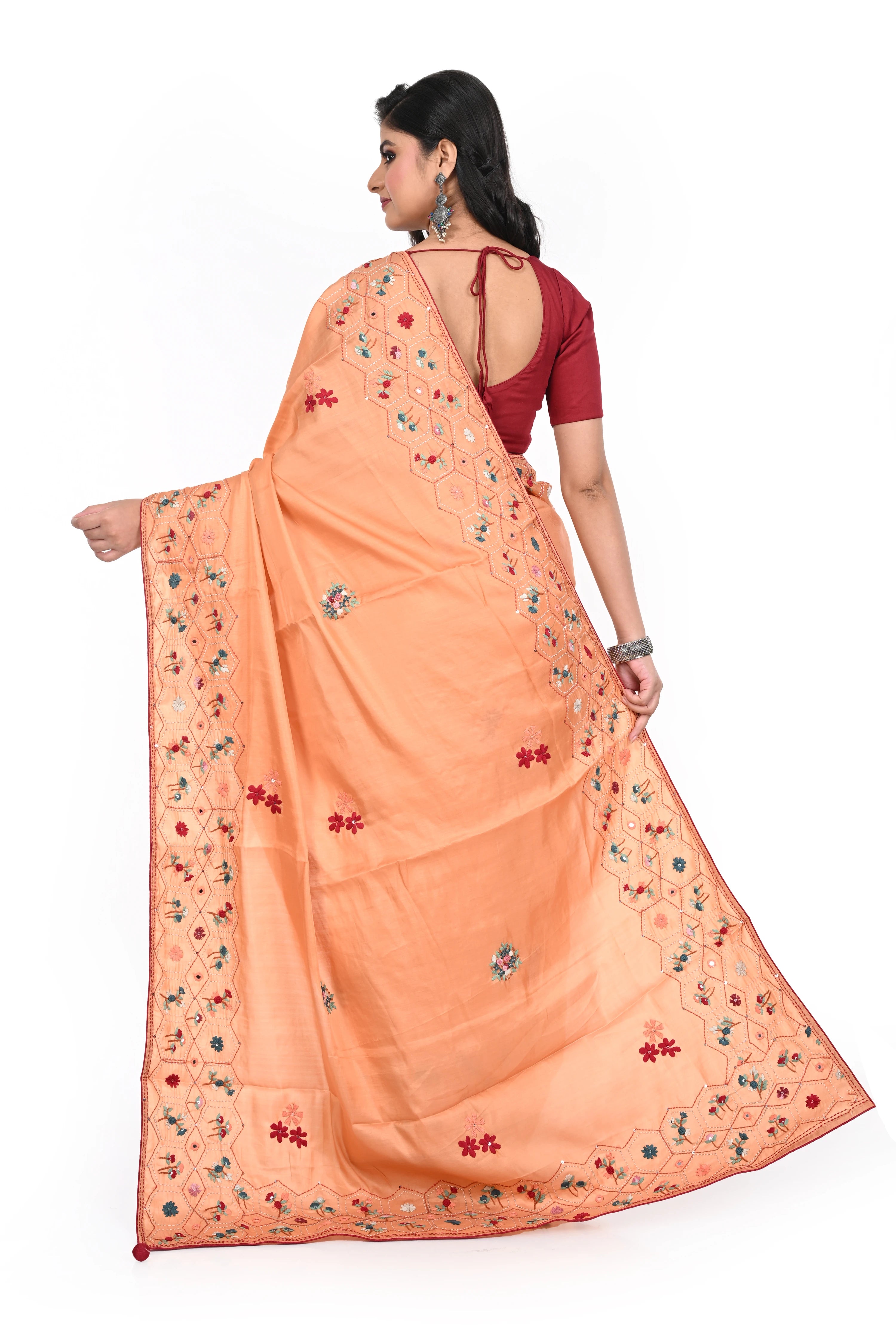 Peach Coloured Semi Tussar Saree with Hand Bulian Stitch Thick Border and Kantha Work