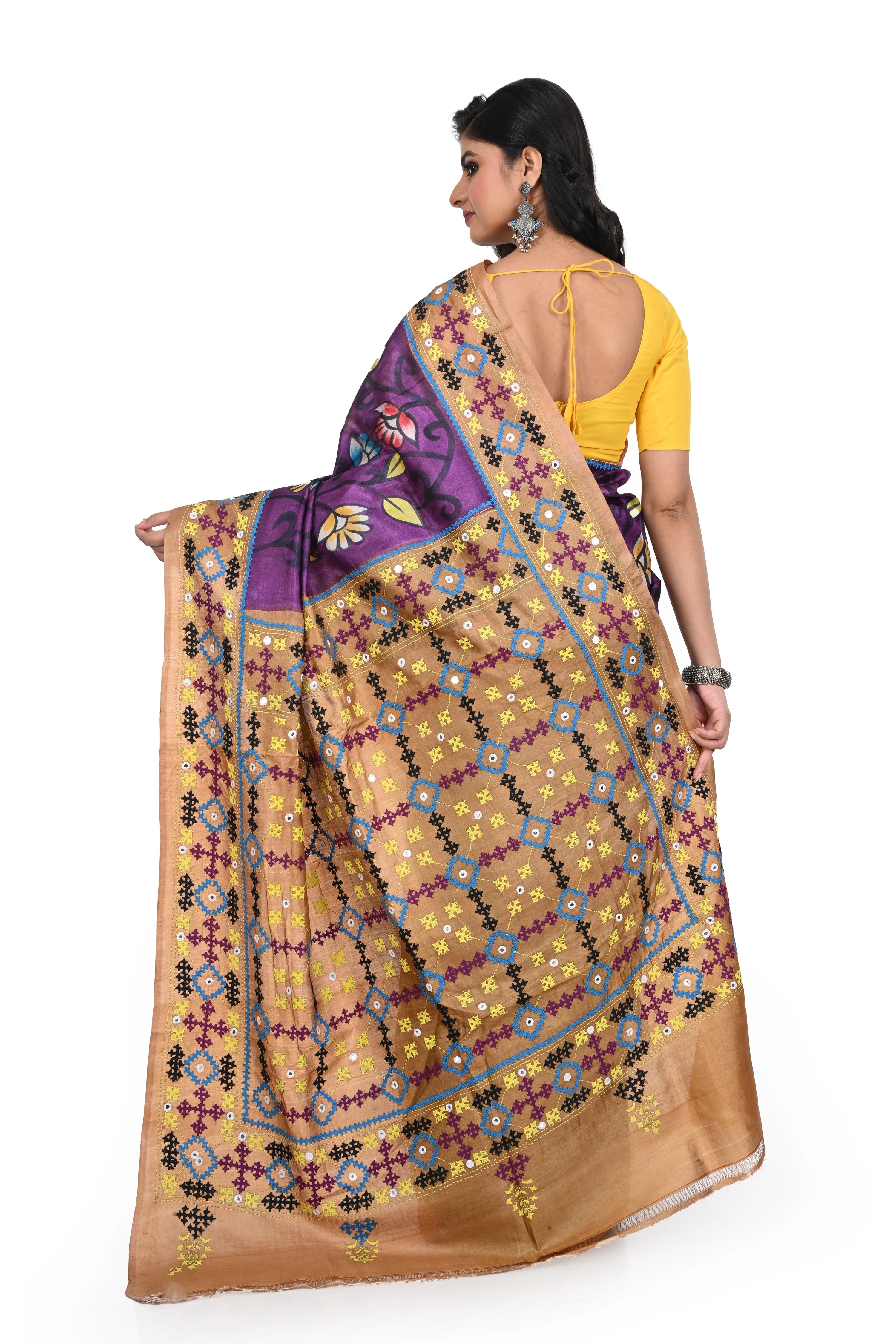 Purple Coloured Hand Blocked Tussar Silk Saree with Exclusive Guajarati Hand Worked Border and Rich Pallu