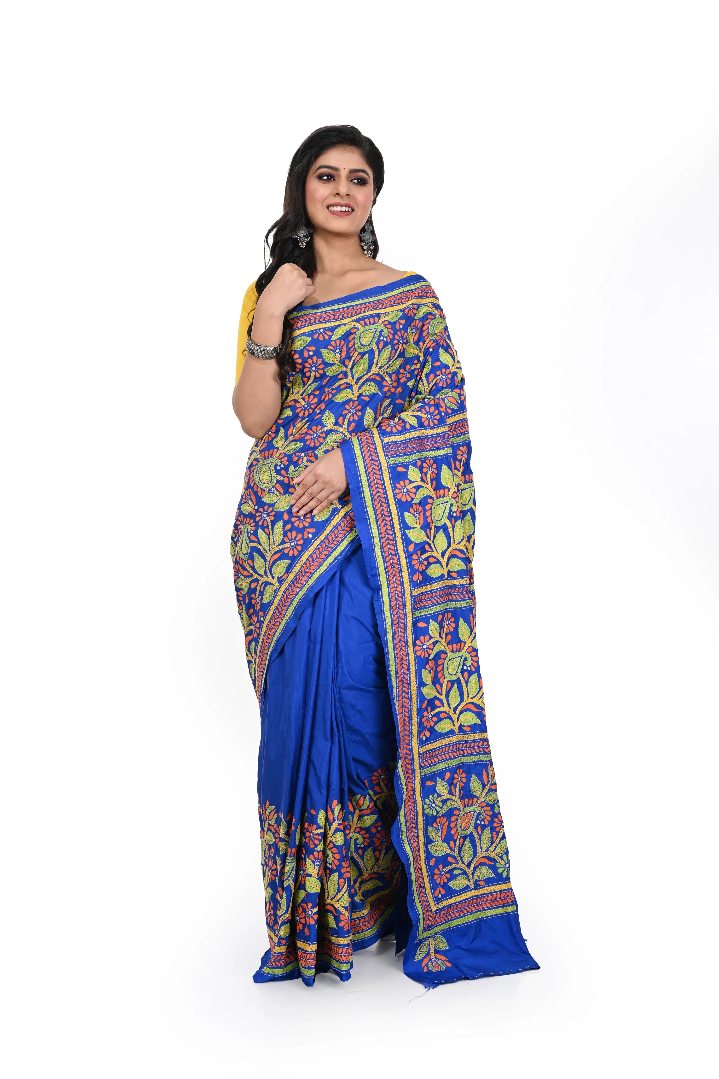 Royal Blue Banglore Silk Kantha Saree with Exclusive Work