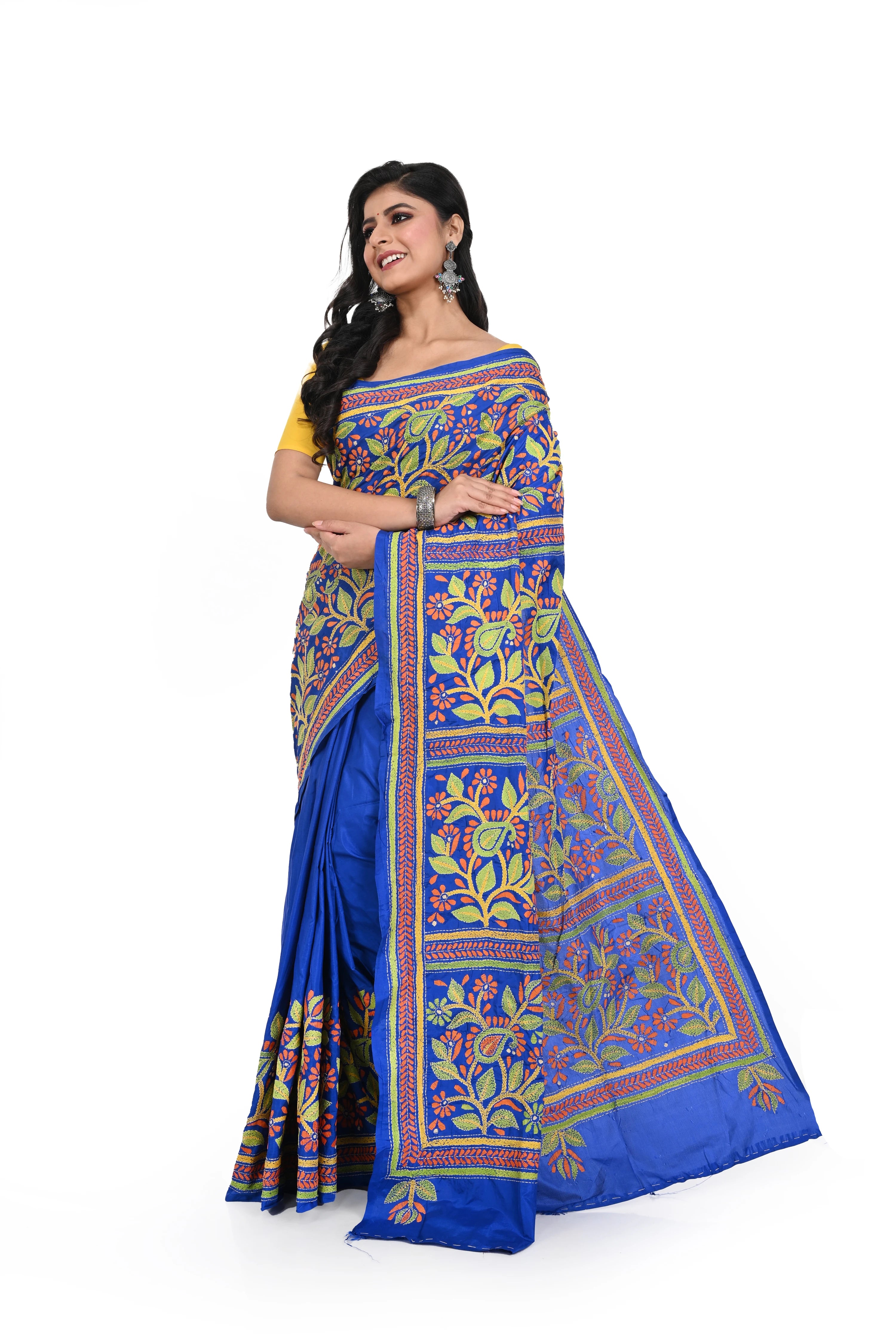 Royal Blue Banglore Silk Kantha Saree with Exclusive Work