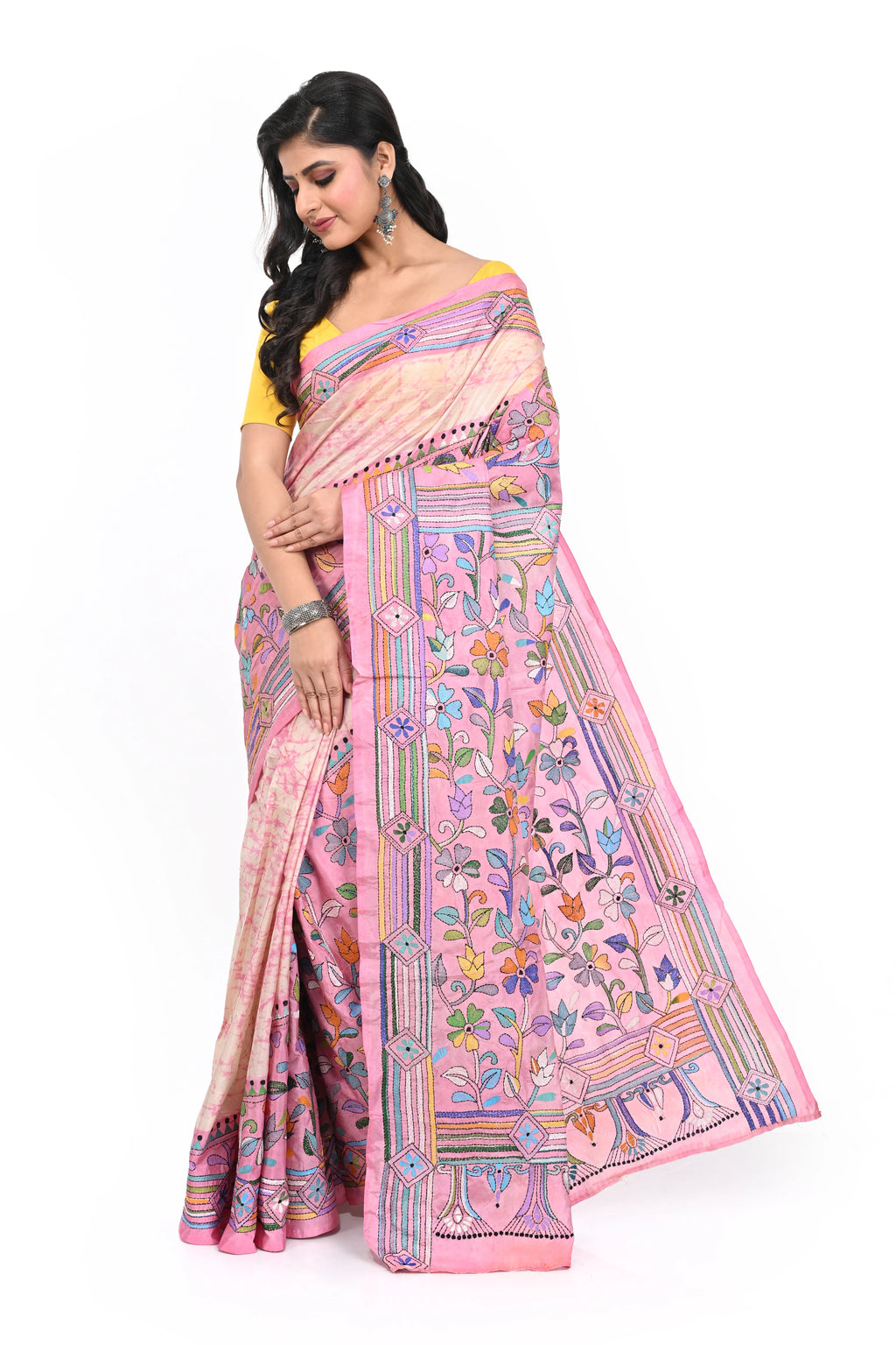 Pink Coloured Bangalore Silk Kantha Saree with Corner to Corner Worked