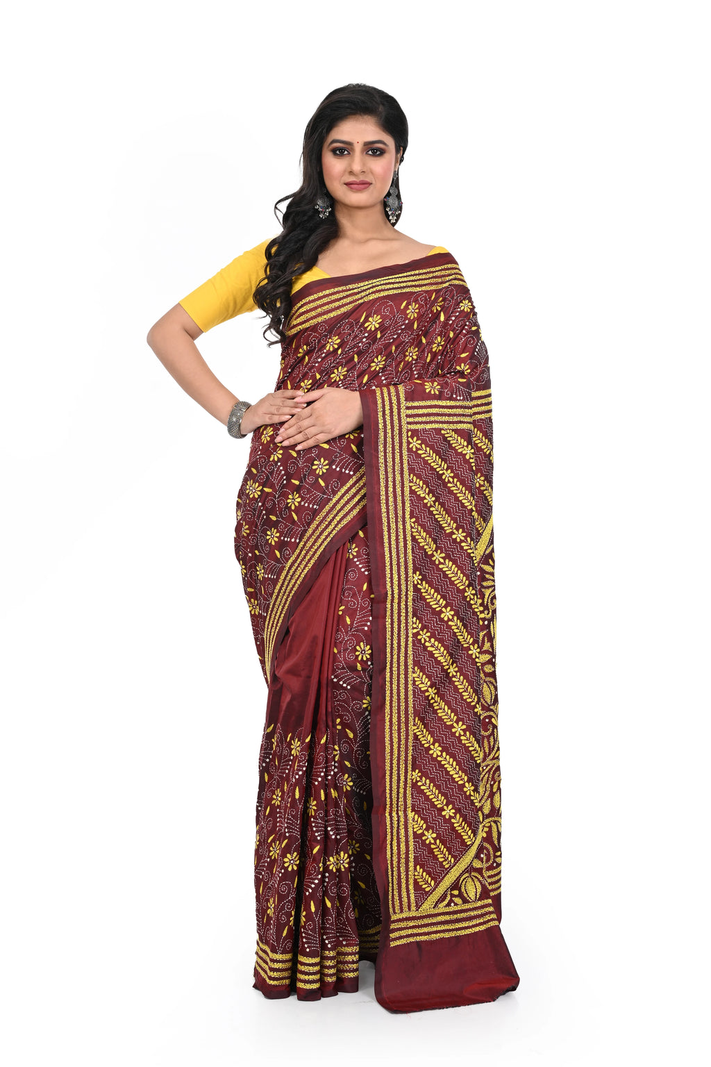 Maroon Coloured Kantha Worked Banglore Silk Saree