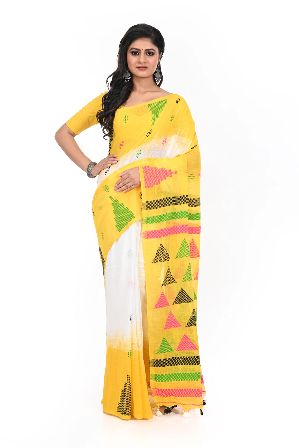 Yellow Handloom Cotton Saree with White Border and Geometric Pattern