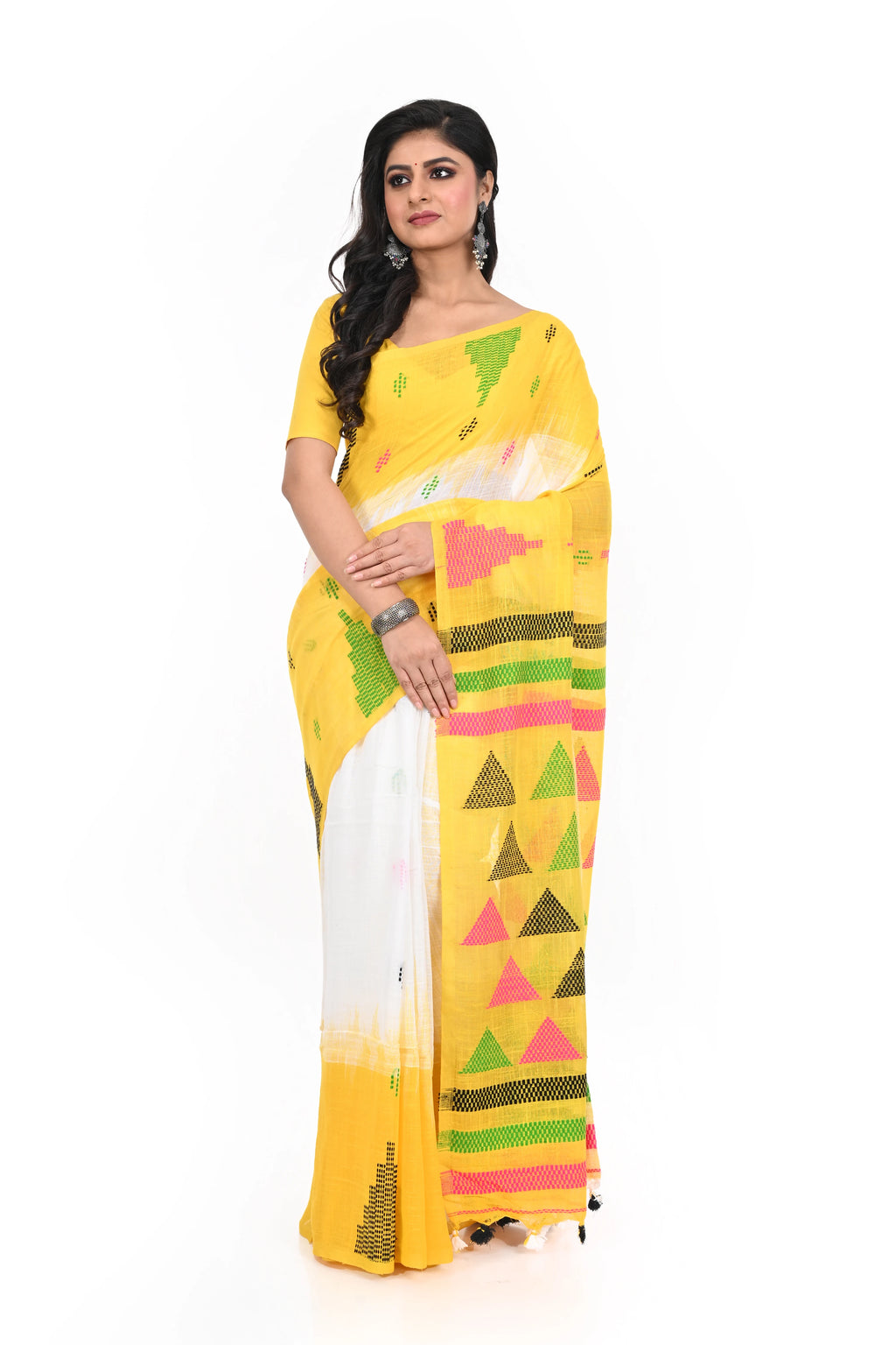 Yellow Handloom Cotton Saree with White Border and Geometric Pattern