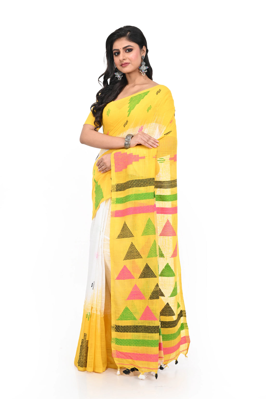 Yellow Handloom Cotton Saree with White Border and Geometric Pattern