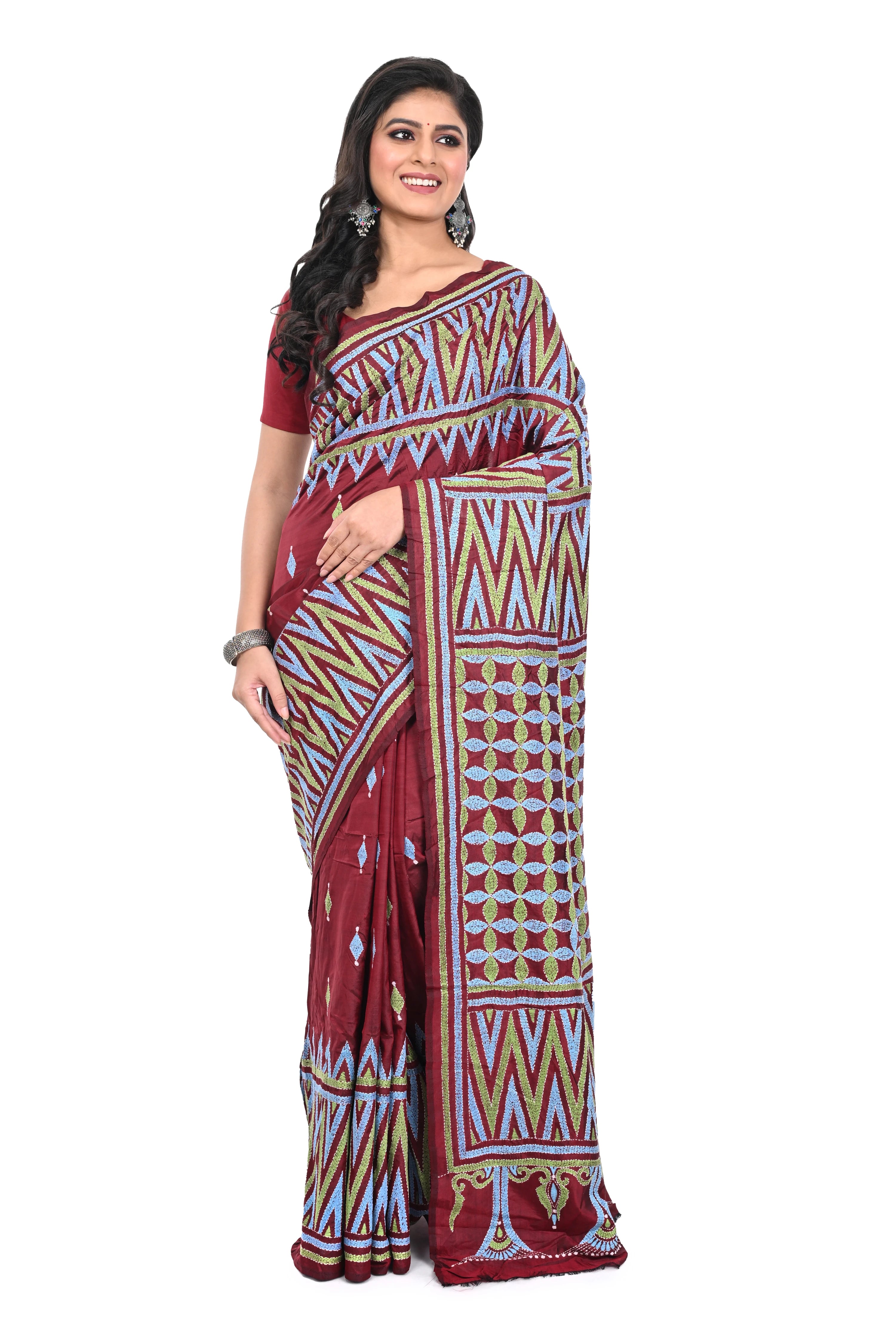 Red Coloured Kantha Stitch Silk Saree from Bengal