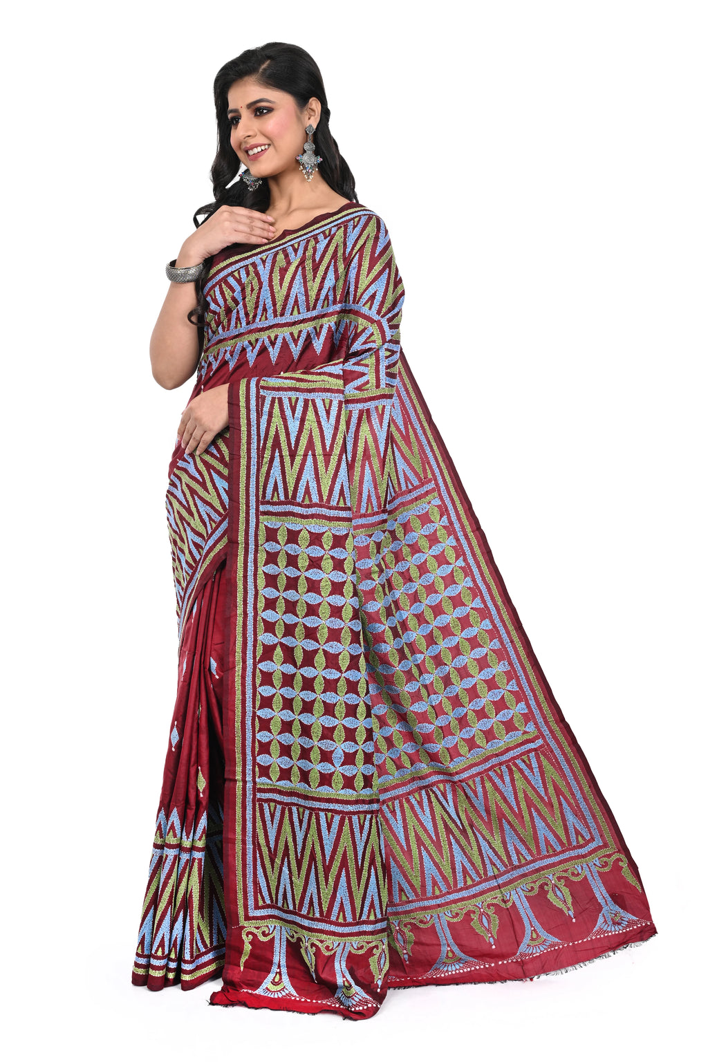 Red Coloured Kantha Stitch Silk Saree from Bengal