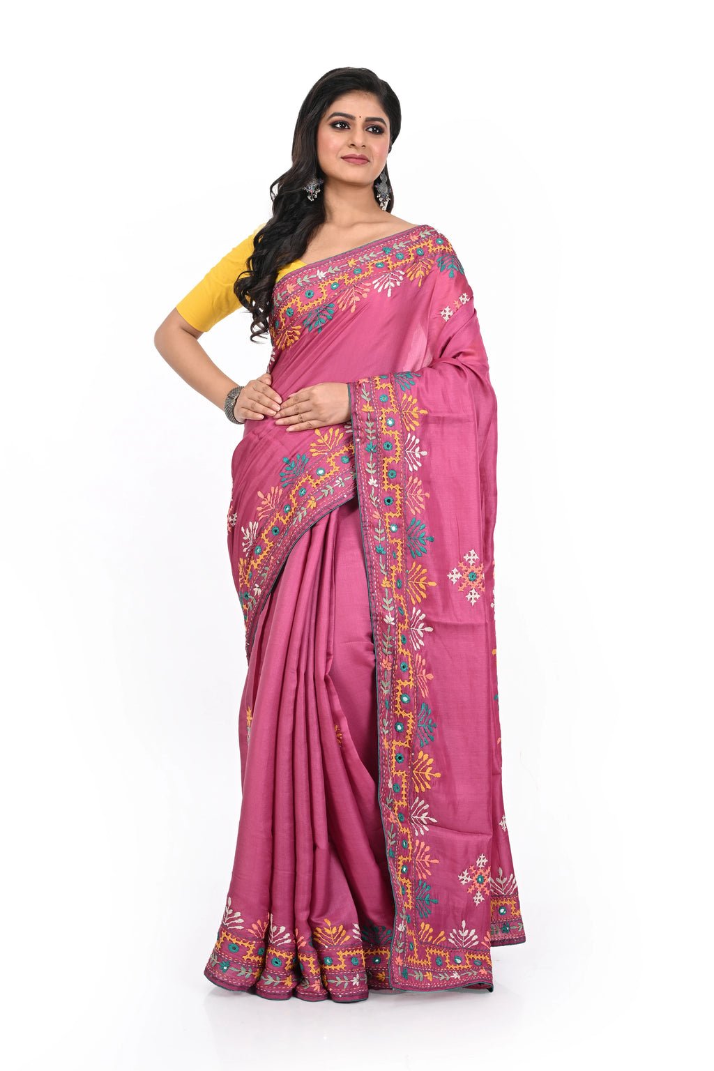 Wine Pink Coloured Semi Tussar Hand Worked Saree with Rich Border and Pallu
