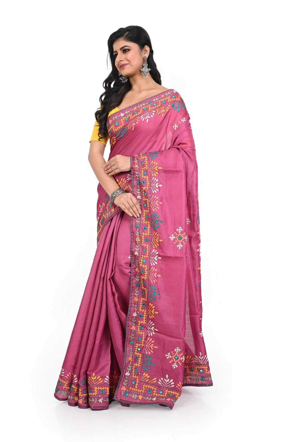 Wine Pink Coloured Semi Tussar Hand Worked Saree with Rich Border and Pallu