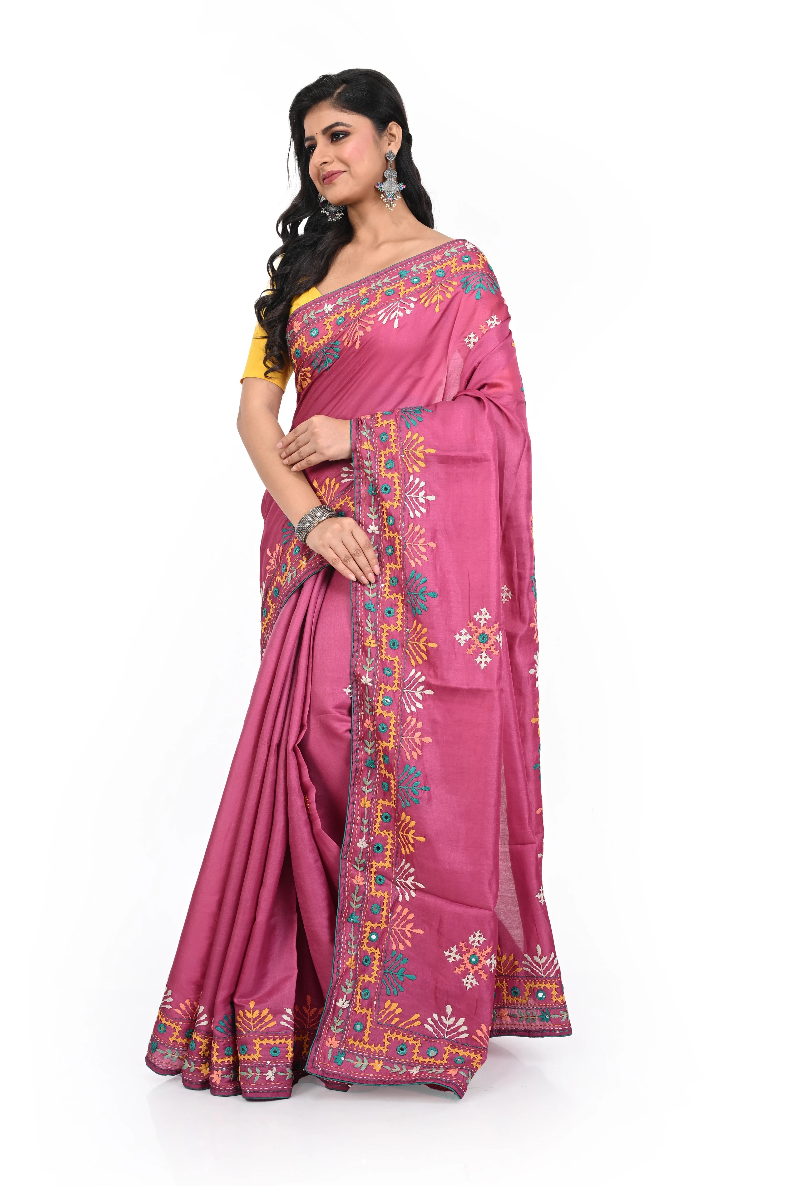 Wine Pink Coloured Semi Tussar Hand Worked Saree with Rich Border and Pallu