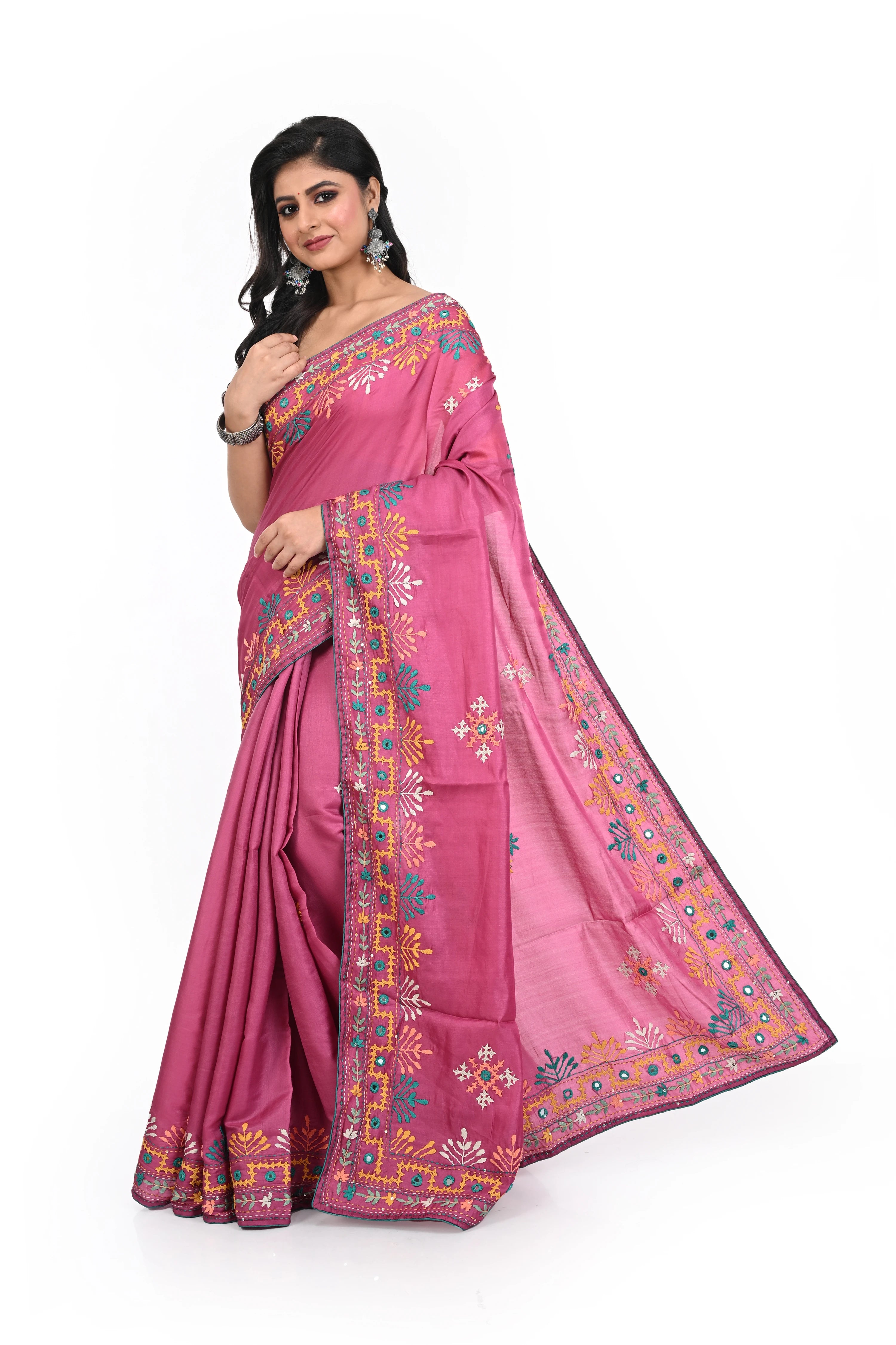 Wine Pink Coloured Semi Tussar Hand Worked Saree with Rich Border and Pallu