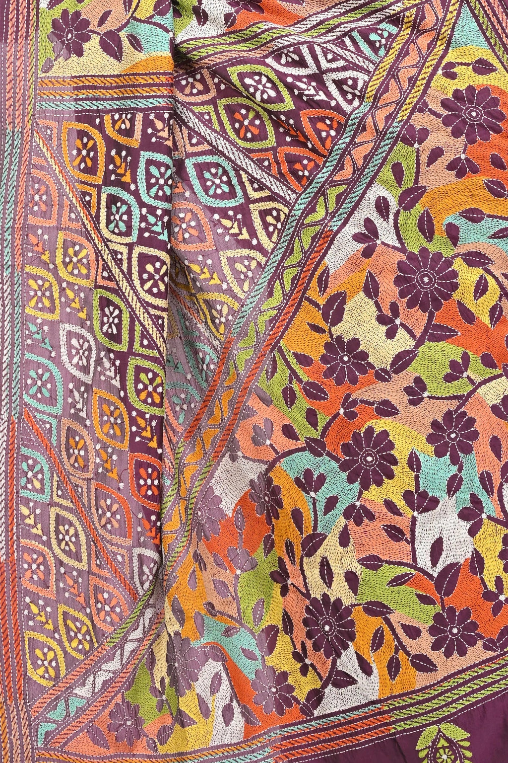 Dark Wine Coloured Banglore Silk Saree with All Over Reverse Kantha Worked
