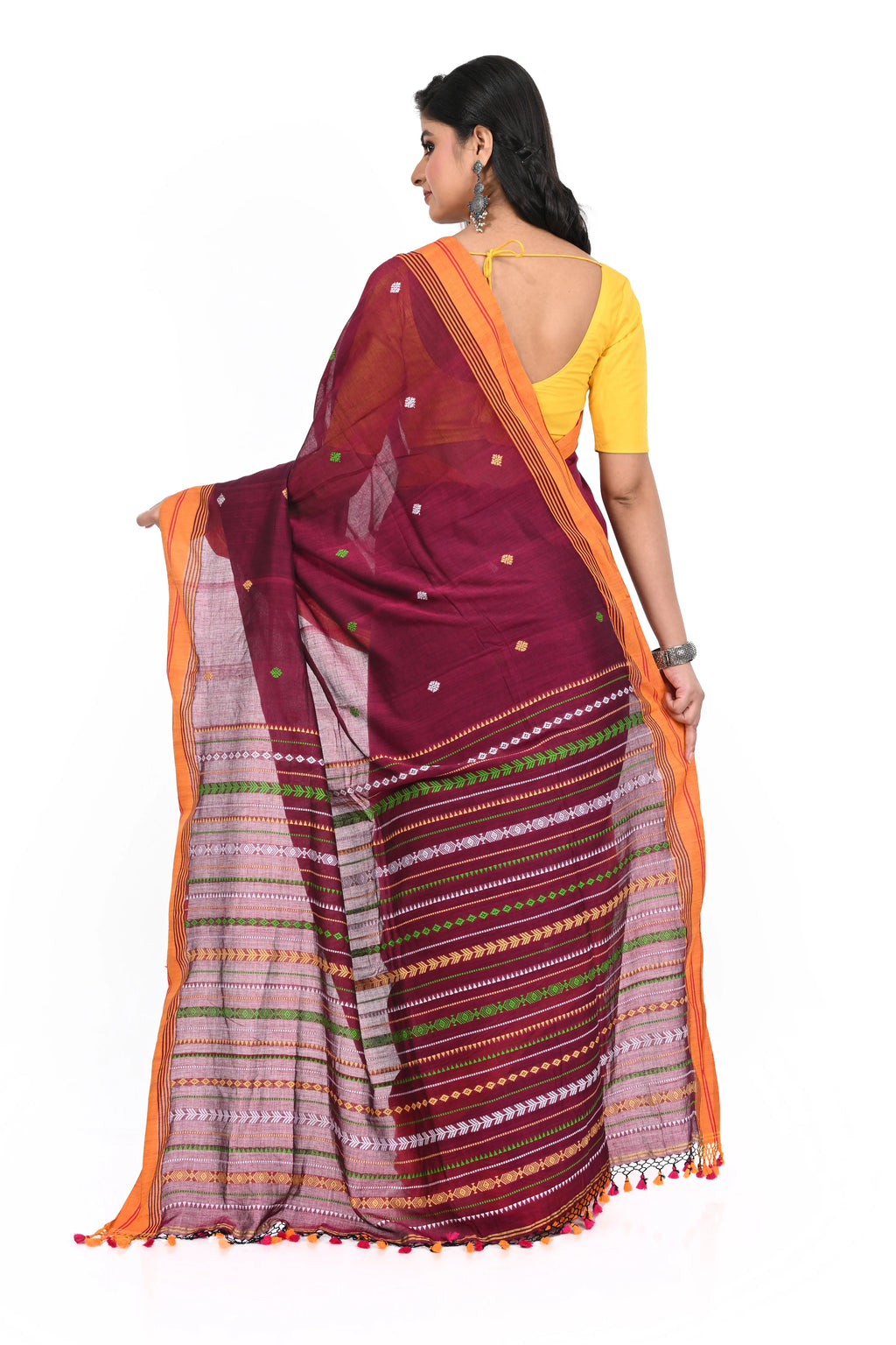 Maroon Coloured Pure Cotton Handloom Saree with Heavy Worked Pallu