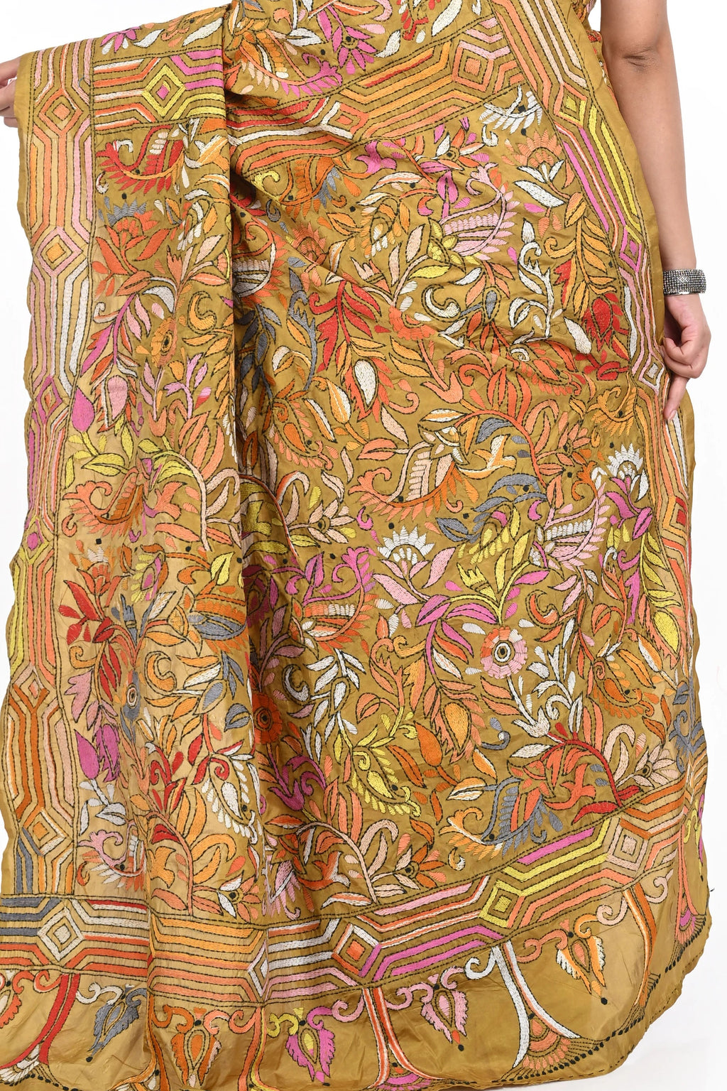 Woman wearing a colorful saree with a white background