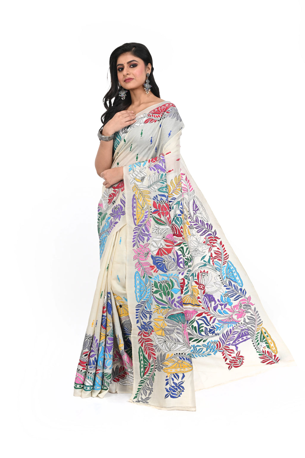 Pure Tussar Multi Coloured Thread Kantha Worked Elegant Look Saree