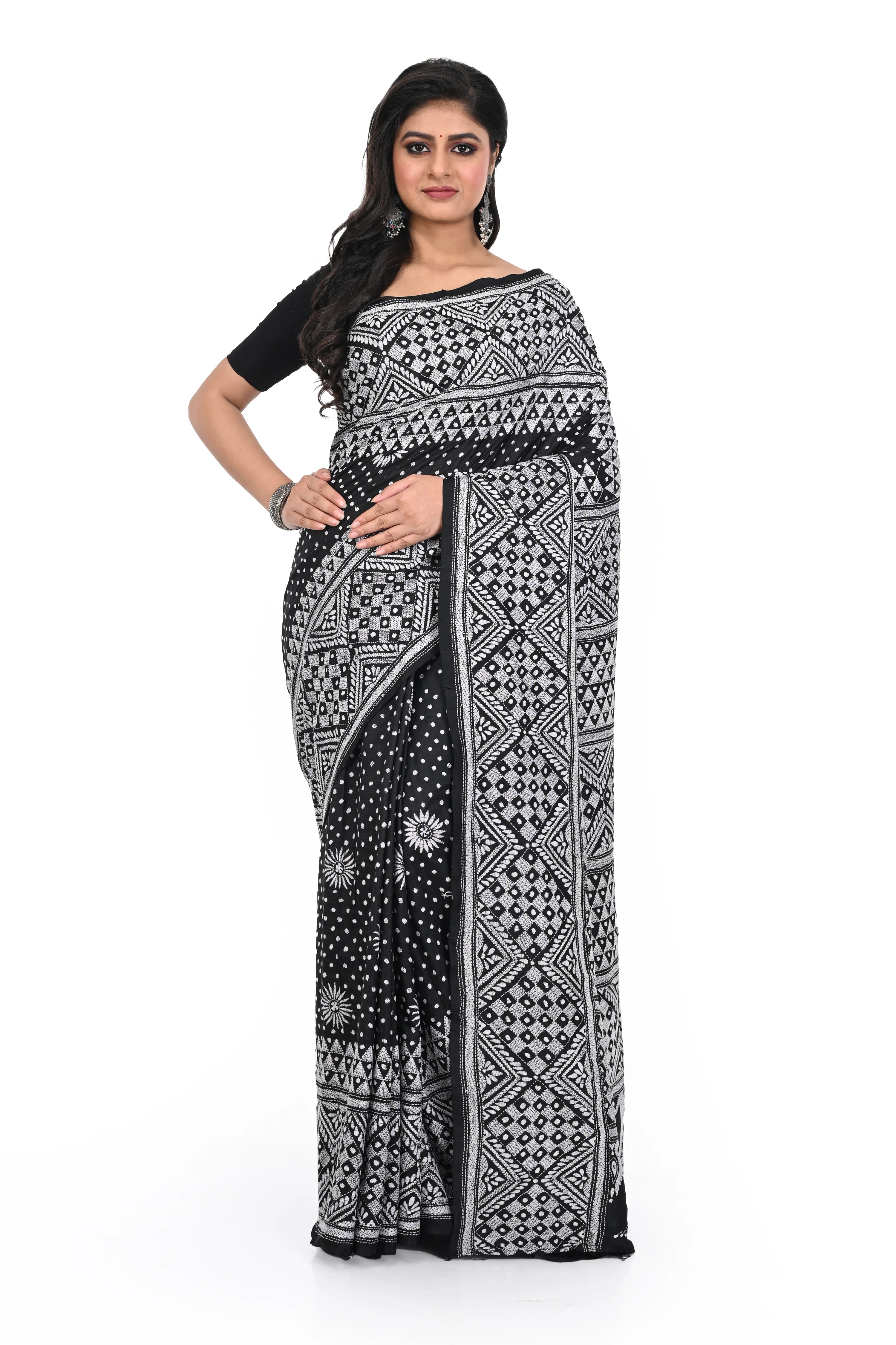 Black and White Combination Rare Geometric Pattern Kantha Worked Saree on Pure Banglore Silk