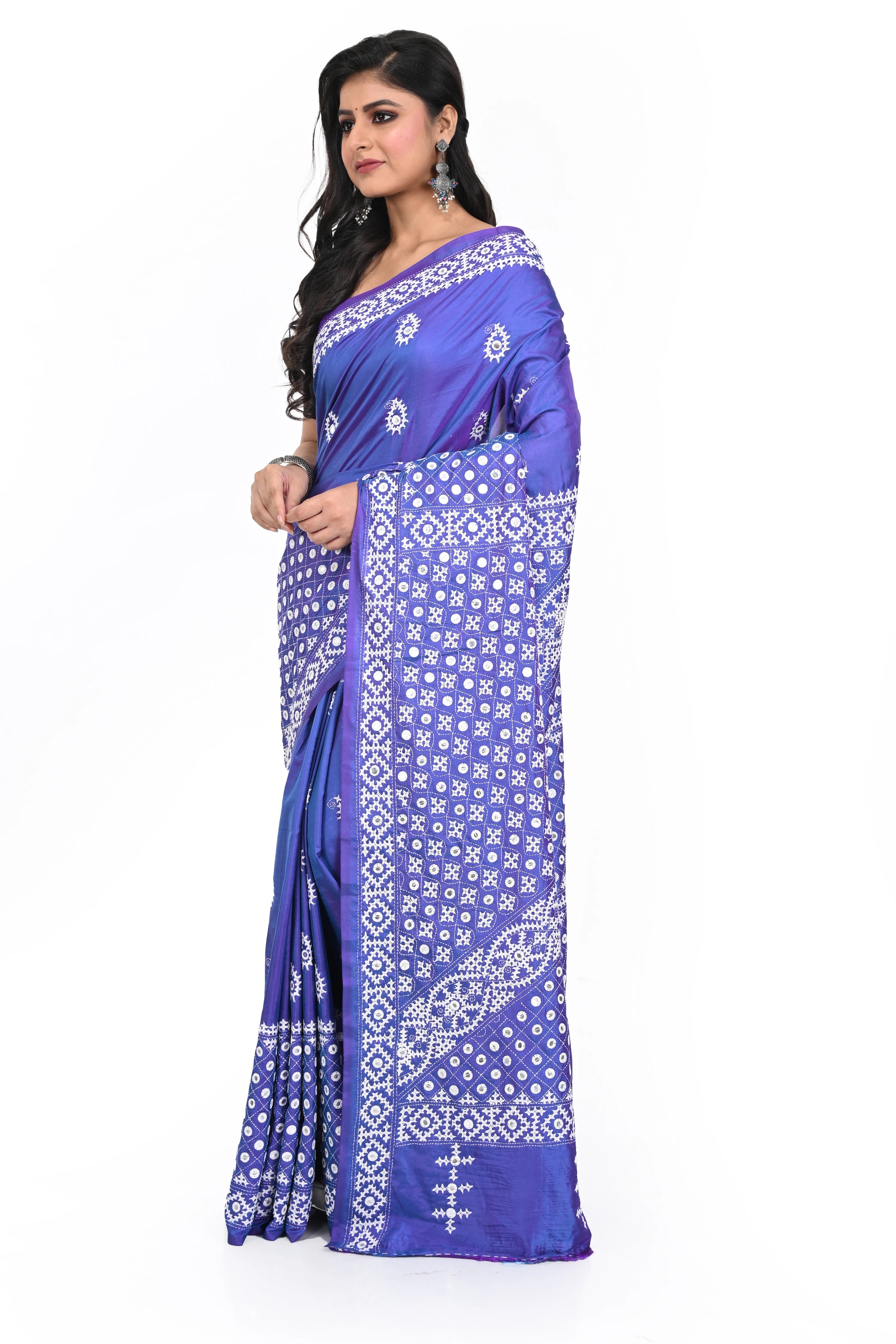 Saphire Blue Banglore Silk Saree with Hand Gujarati Worked Heavy Pallu and Rich Border