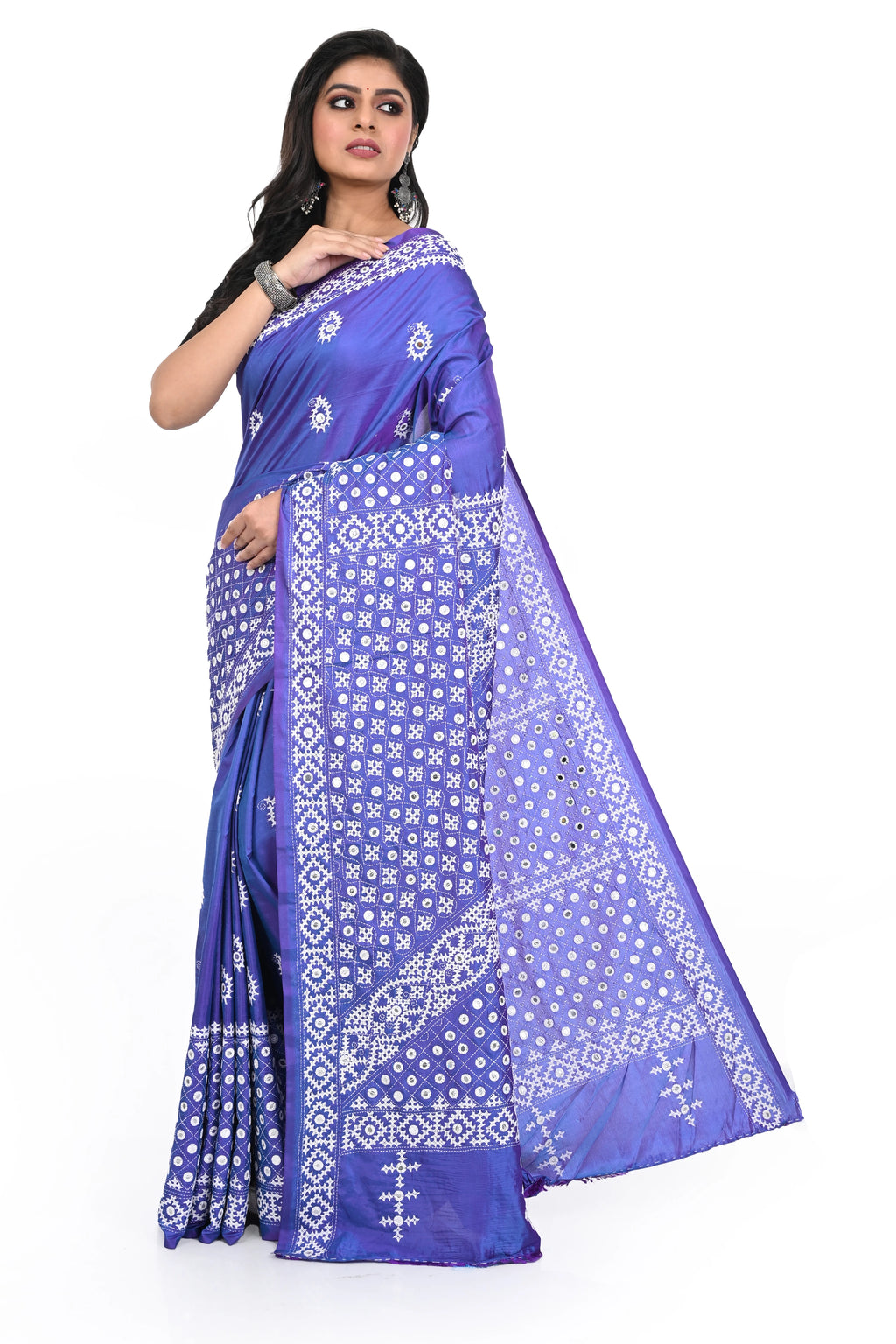 Saphire Blue Banglore Silk Saree with Hand Gujarati Worked Heavy Pallu and Rich Border
