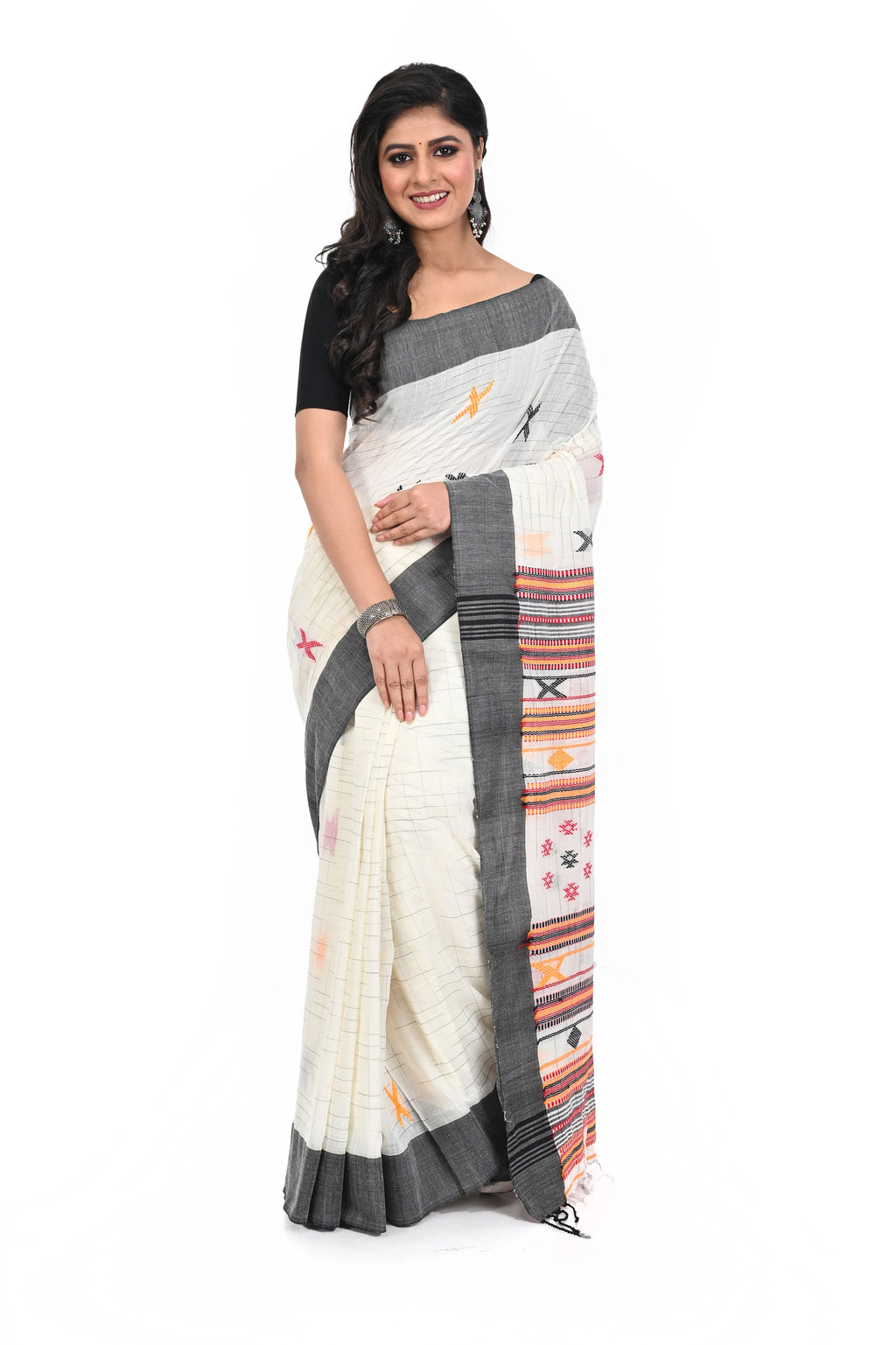 Black Border White Cotton Saree with Bhujudi Hand Worked Pallu