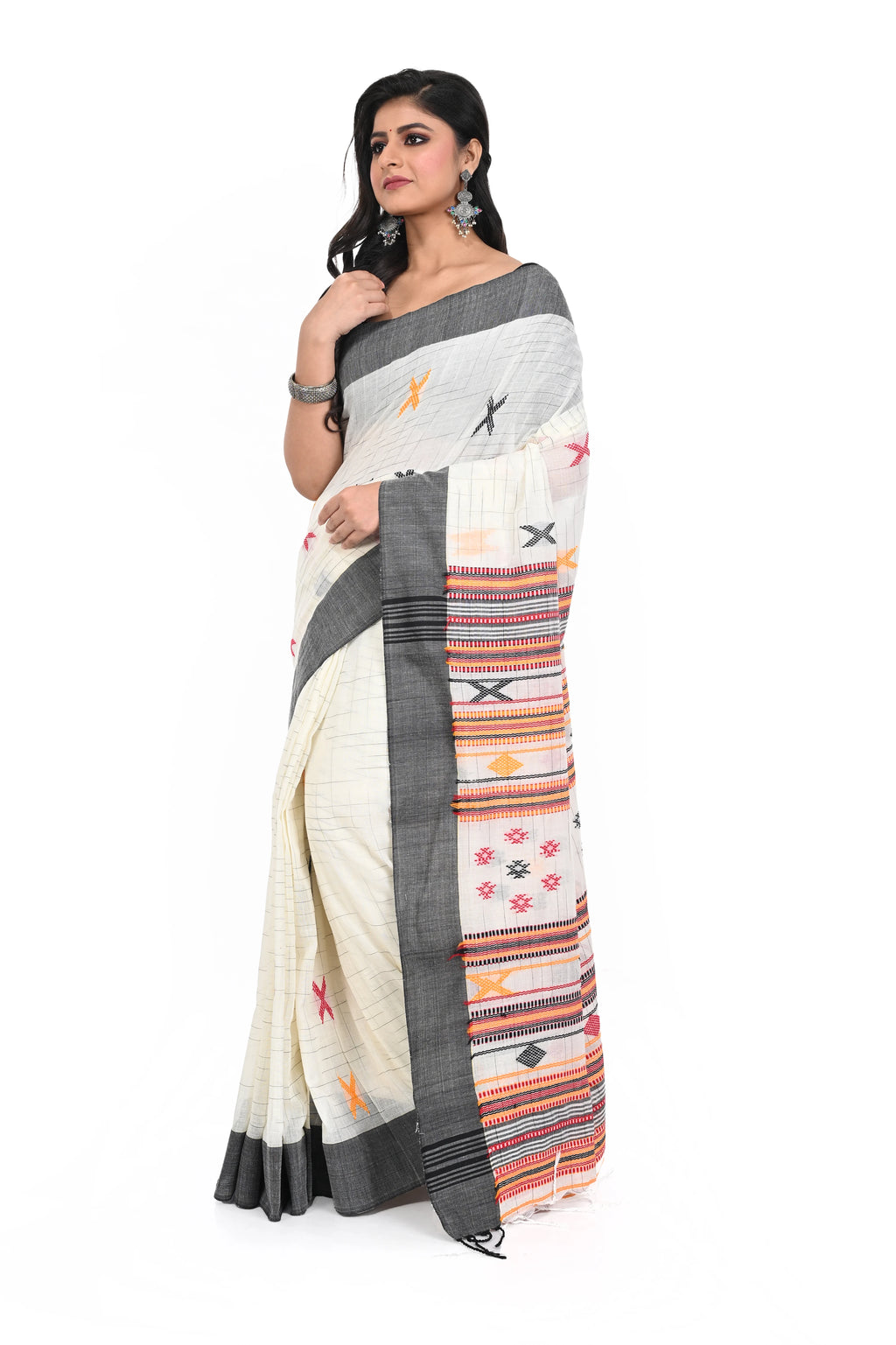 Black Border White Cotton Saree with Bhujudi Hand Worked Pallu