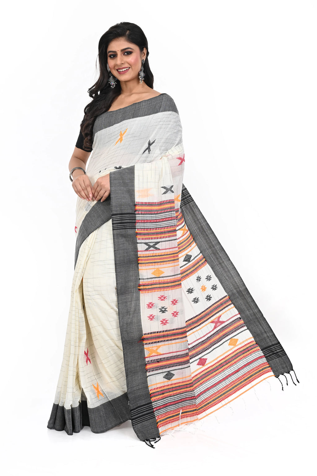 Black Border White Cotton Saree with Bhujudi Hand Worked Pallu