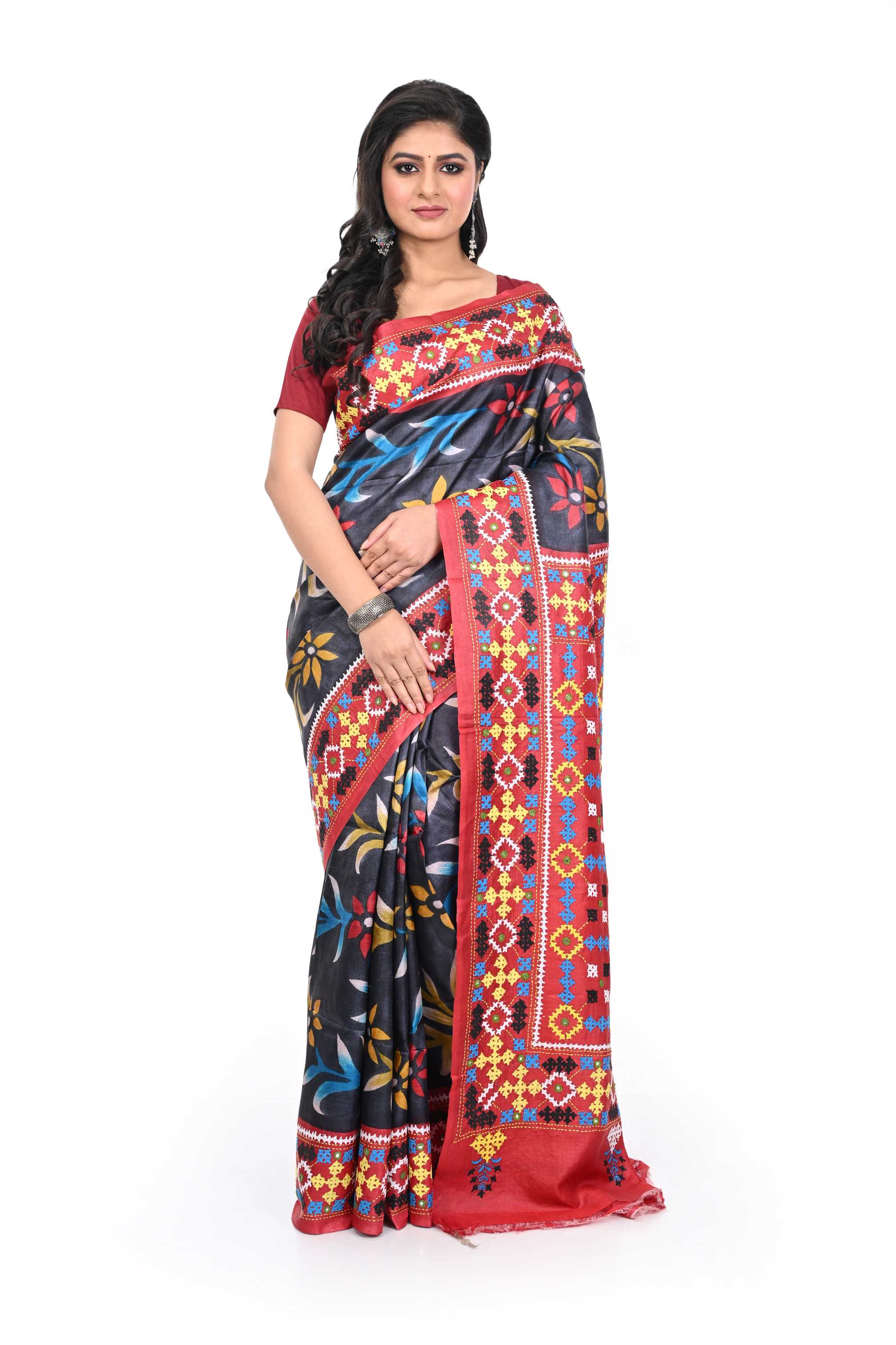 Red Border Black Tussar Saree with Gujarati Hand Work