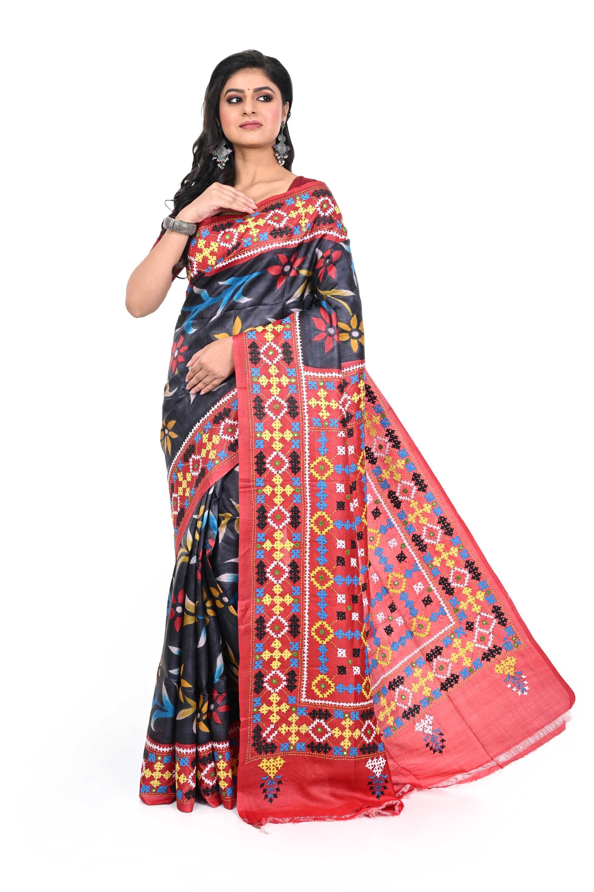 Red Border Black Tussar Saree with Gujarati Hand Work
