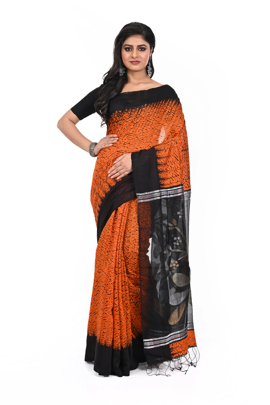 Matka Silk Shivori Dyed Saffron Black Maslin Pallu Saree