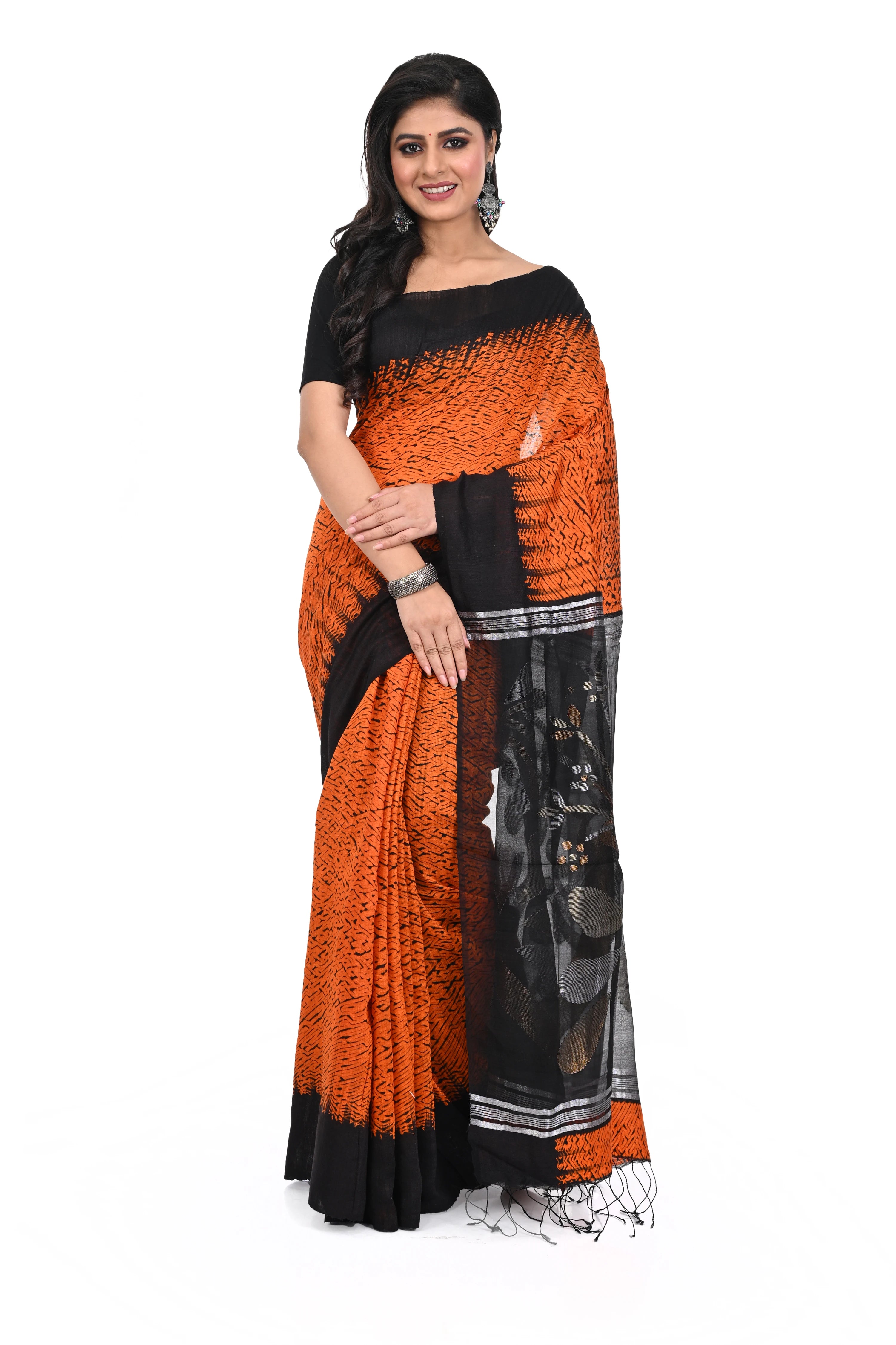 Matka Silk Shivori Dyed Saffron Black Maslin Pallu Saree