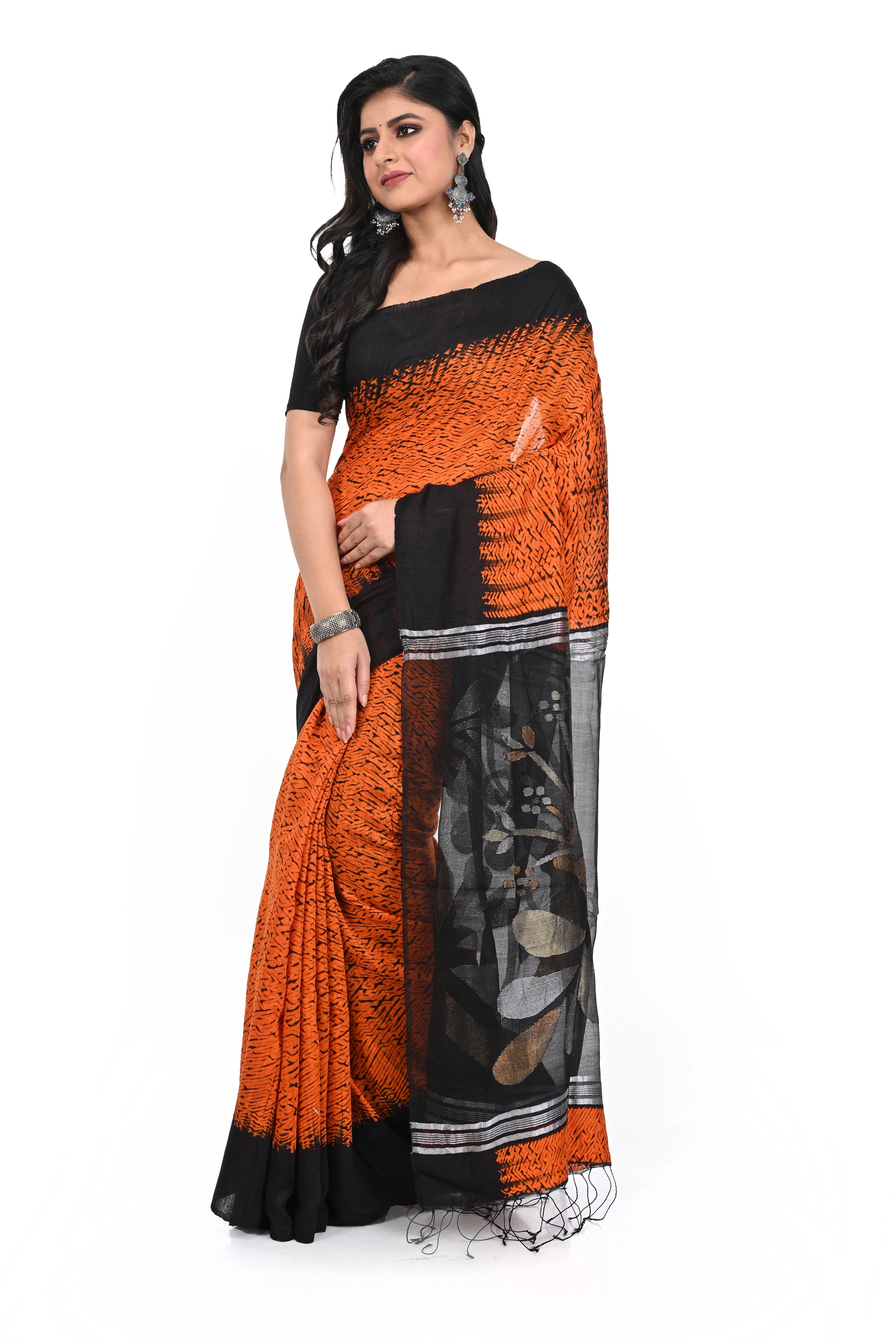 Matka Silk Shivori Dyed Saffron Black Maslin Pallu Saree
