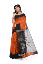 Matka Silk Shivori Dyed Saffron Black Maslin Pallu Saree