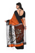 Matka Silk Shivori Dyed Saffron Black Maslin Pallu Saree