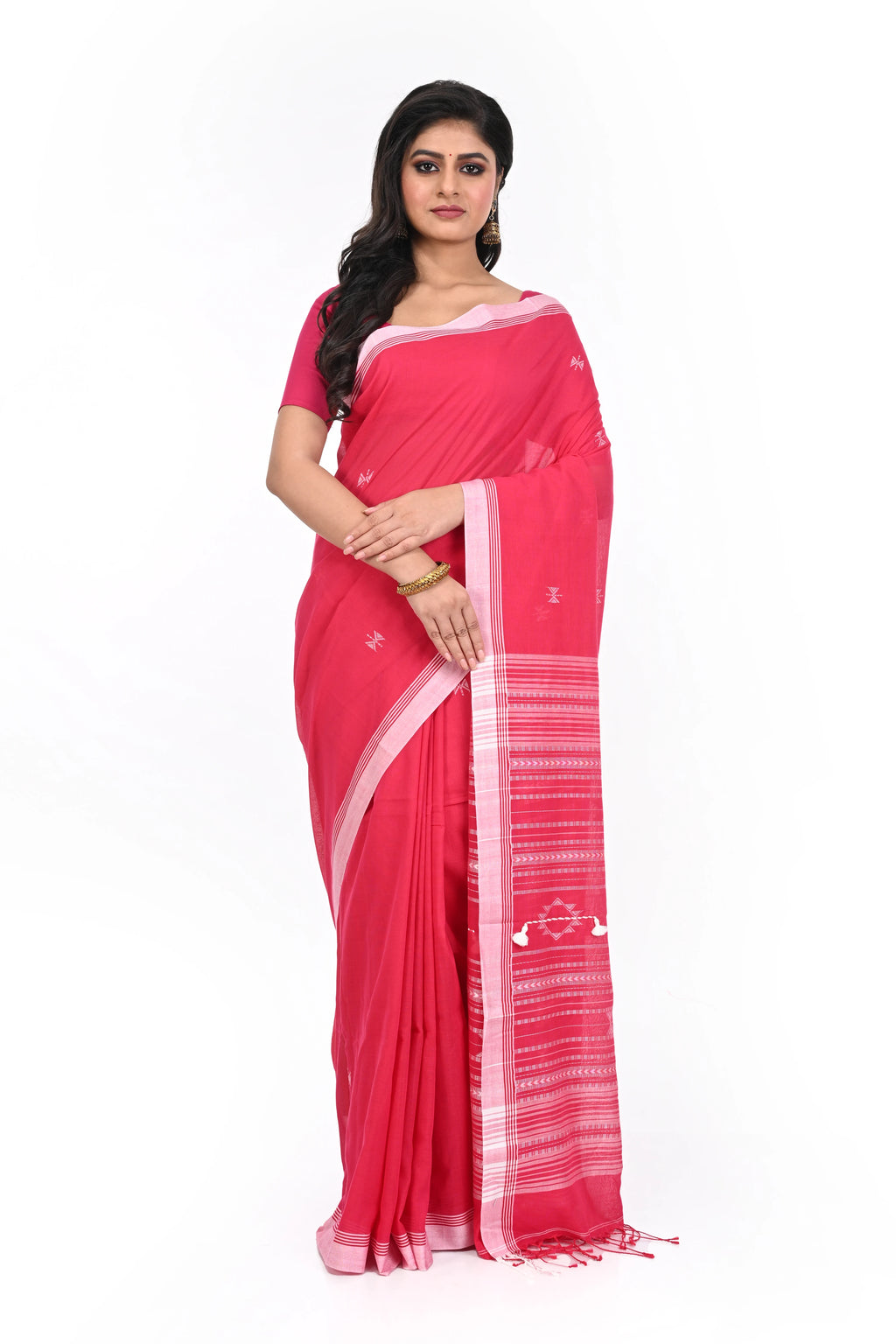 Pink Cotton Handloom Saree with White Slim Border and Bhujudi Worked Pallu with White Thread