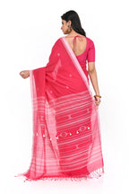 Pink Cotton Handloom Saree with White Slim Border and Bhujudi Worked Pallu with White Thread