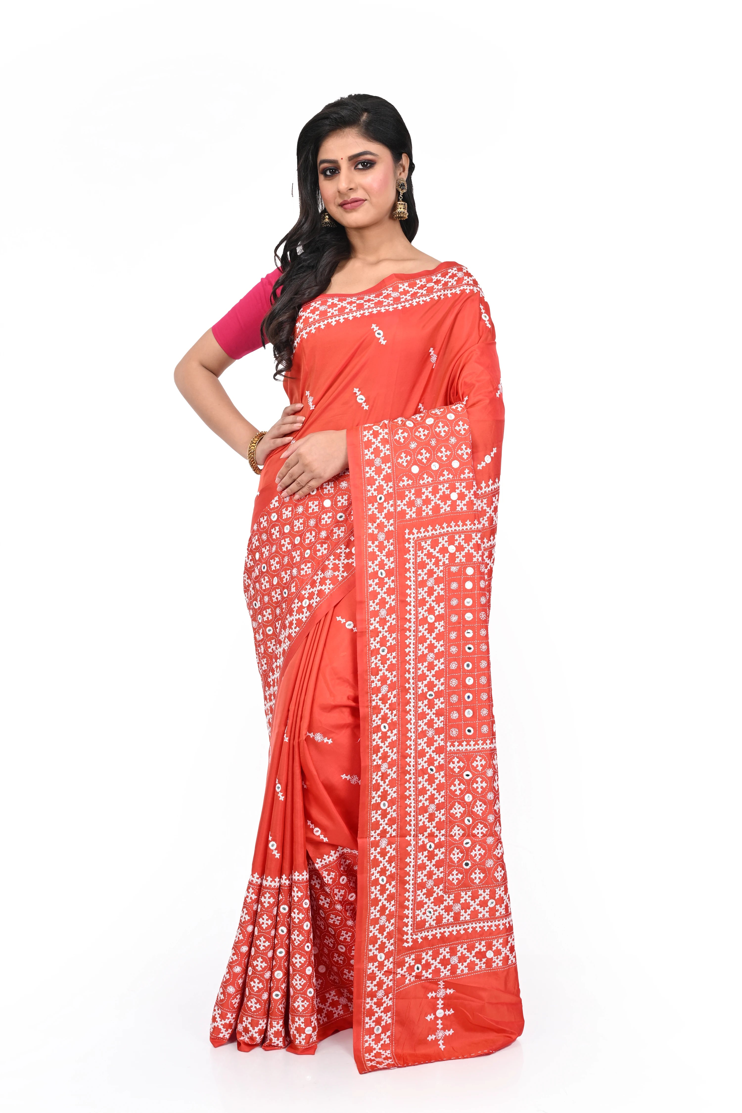 Orange Coloured Banglore Silk with Hand Gujarati Worked