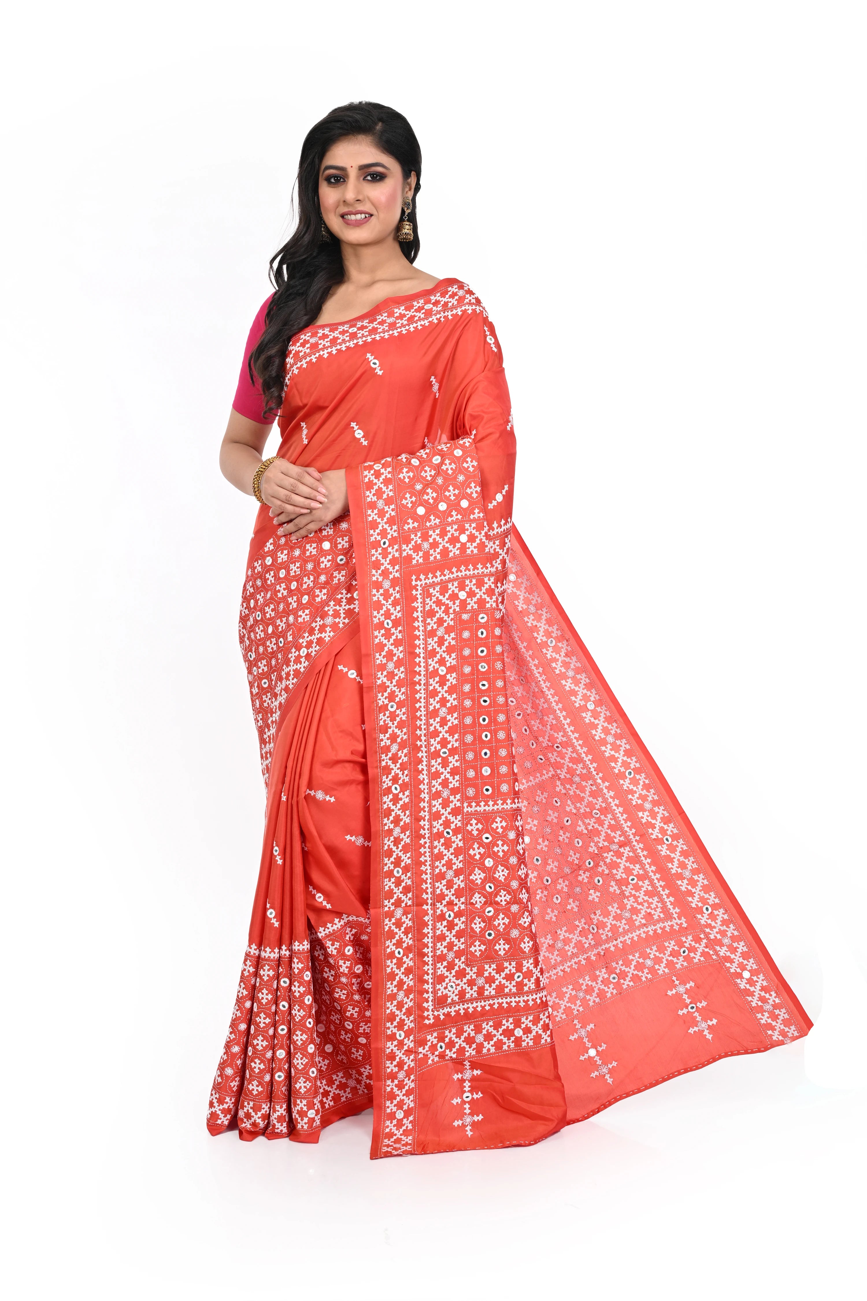 Orange Coloured Banglore Silk with Hand Gujarati Worked