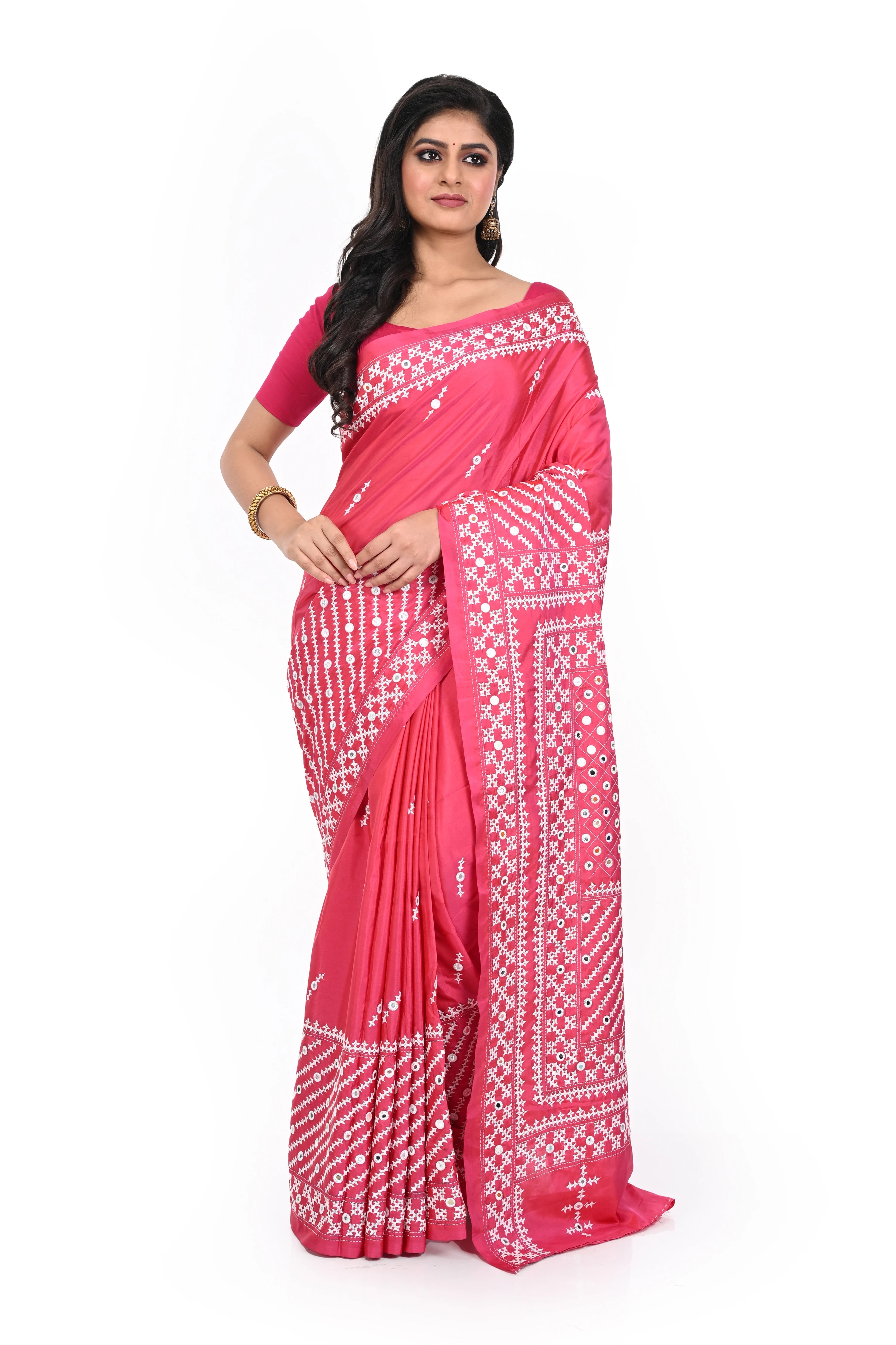 Pink Gujarati Worked Banglore Silk