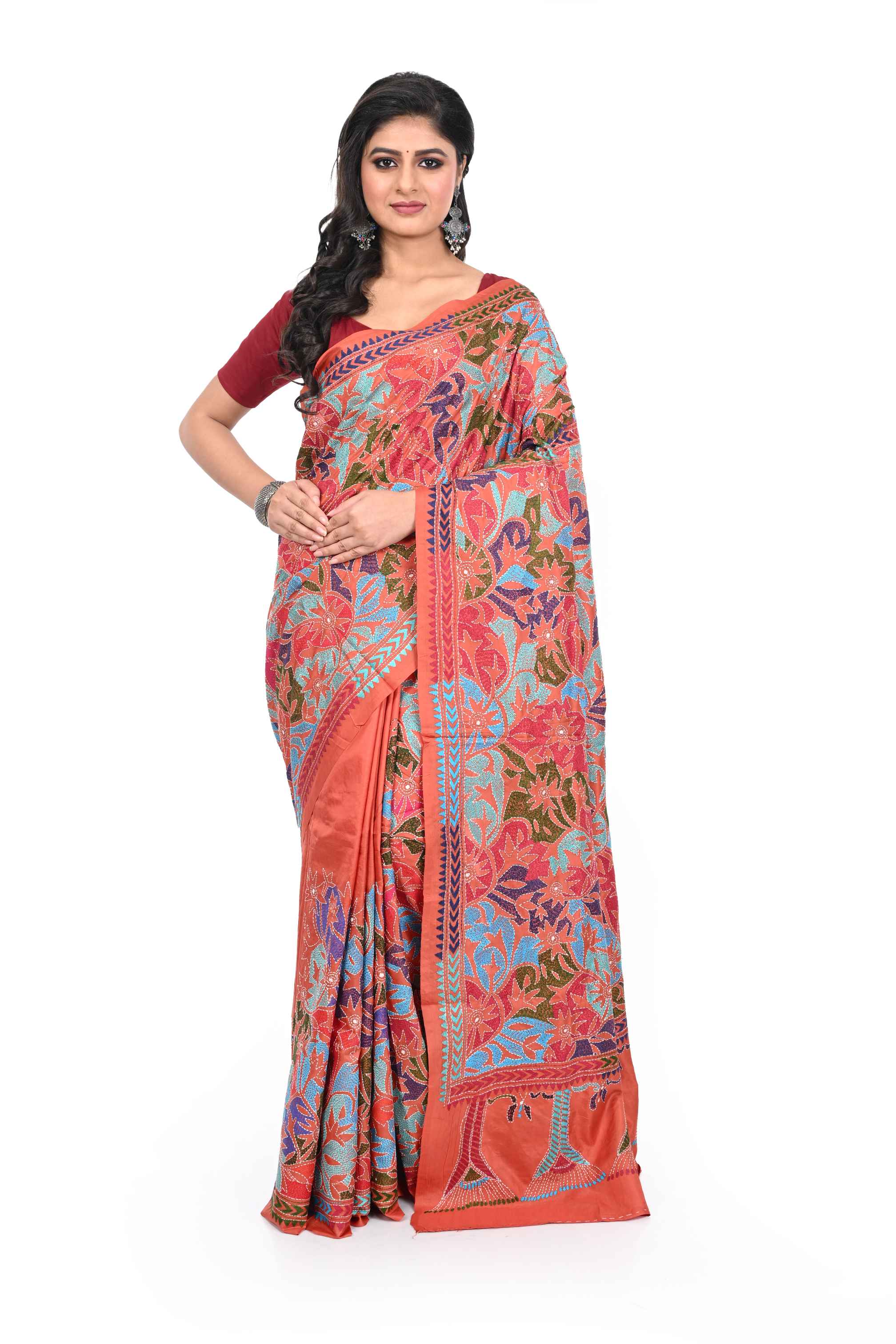 Rust Coloured Reverse Kantha Pure Banglore Silk Saree