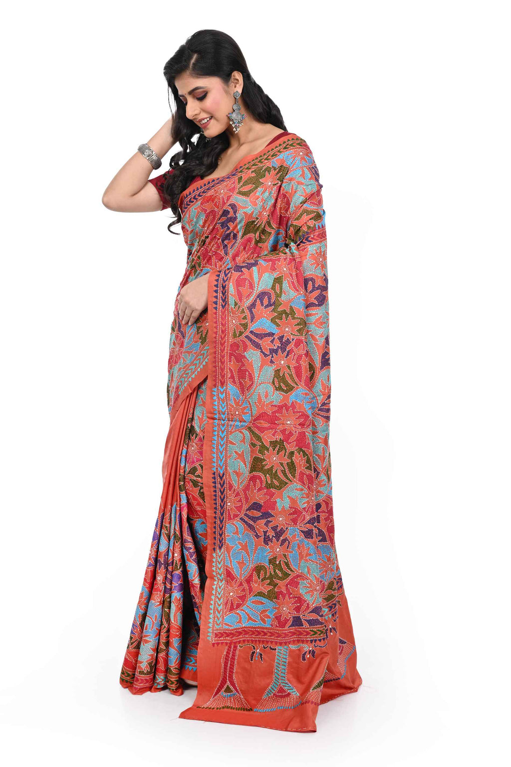 Rust Coloured Reverse Kantha Pure Banglore Silk Saree