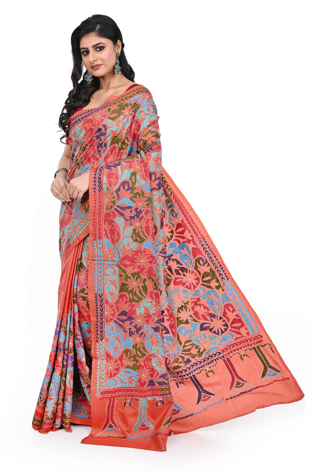 Rust Coloured Reverse Kantha Pure Banglore Silk Saree