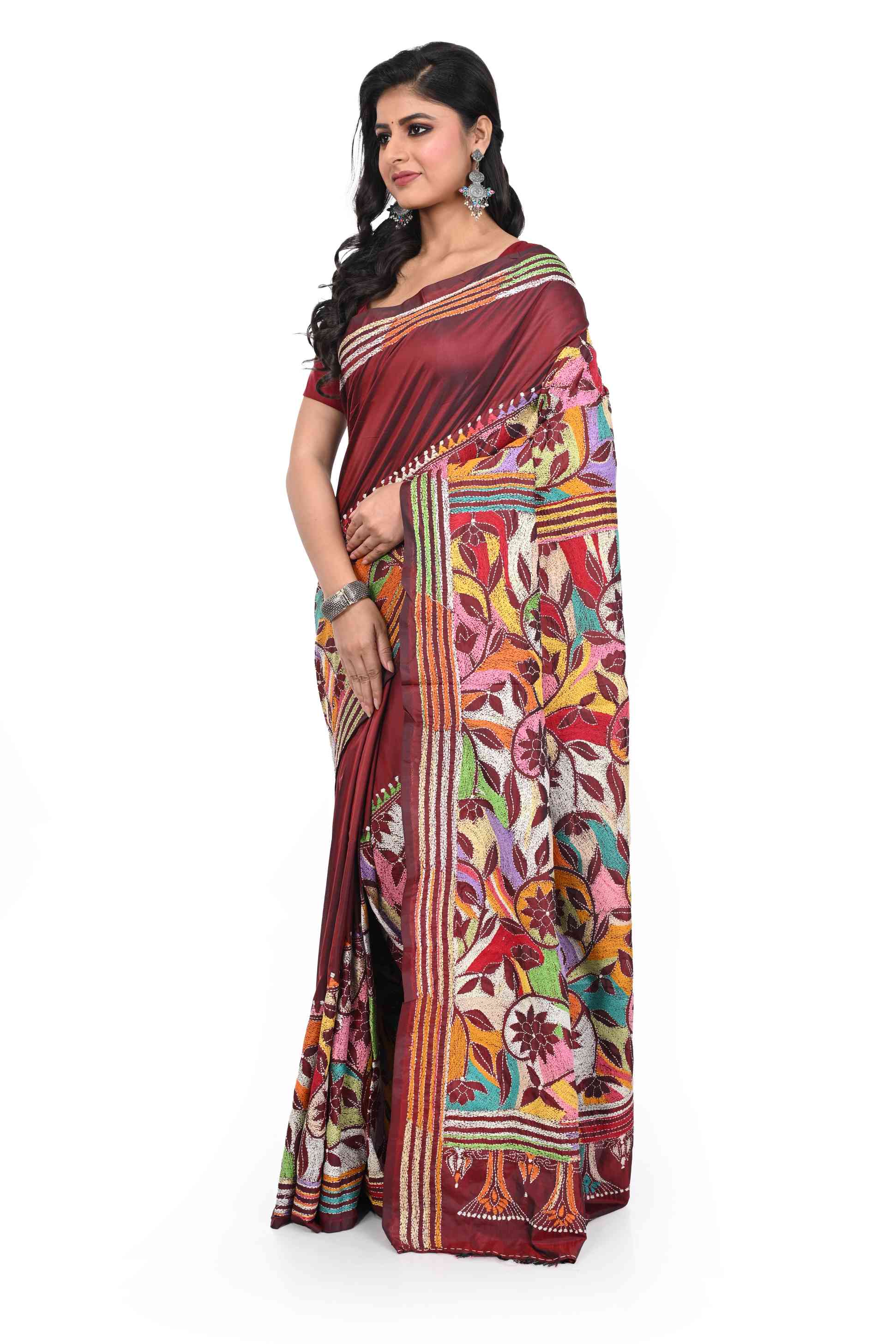 Maroon Blended Banglore Silk Saree with Corner to Corner Kantha Worked