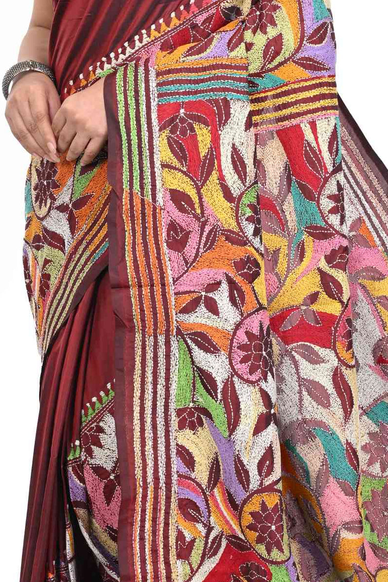 Maroon Blended Banglore Silk Saree with Corner to Corner Kantha Worked