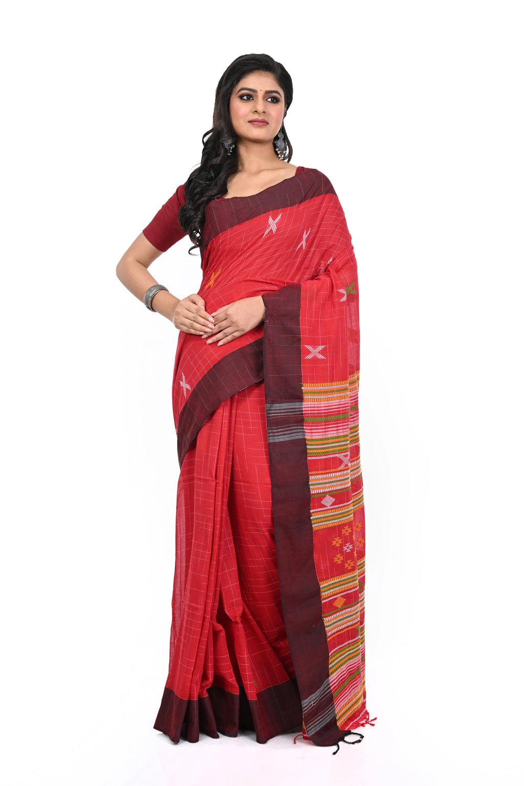 Pure Cotton Red Handloom Saree & Maroon Border with Bhujudi Worked Pallu