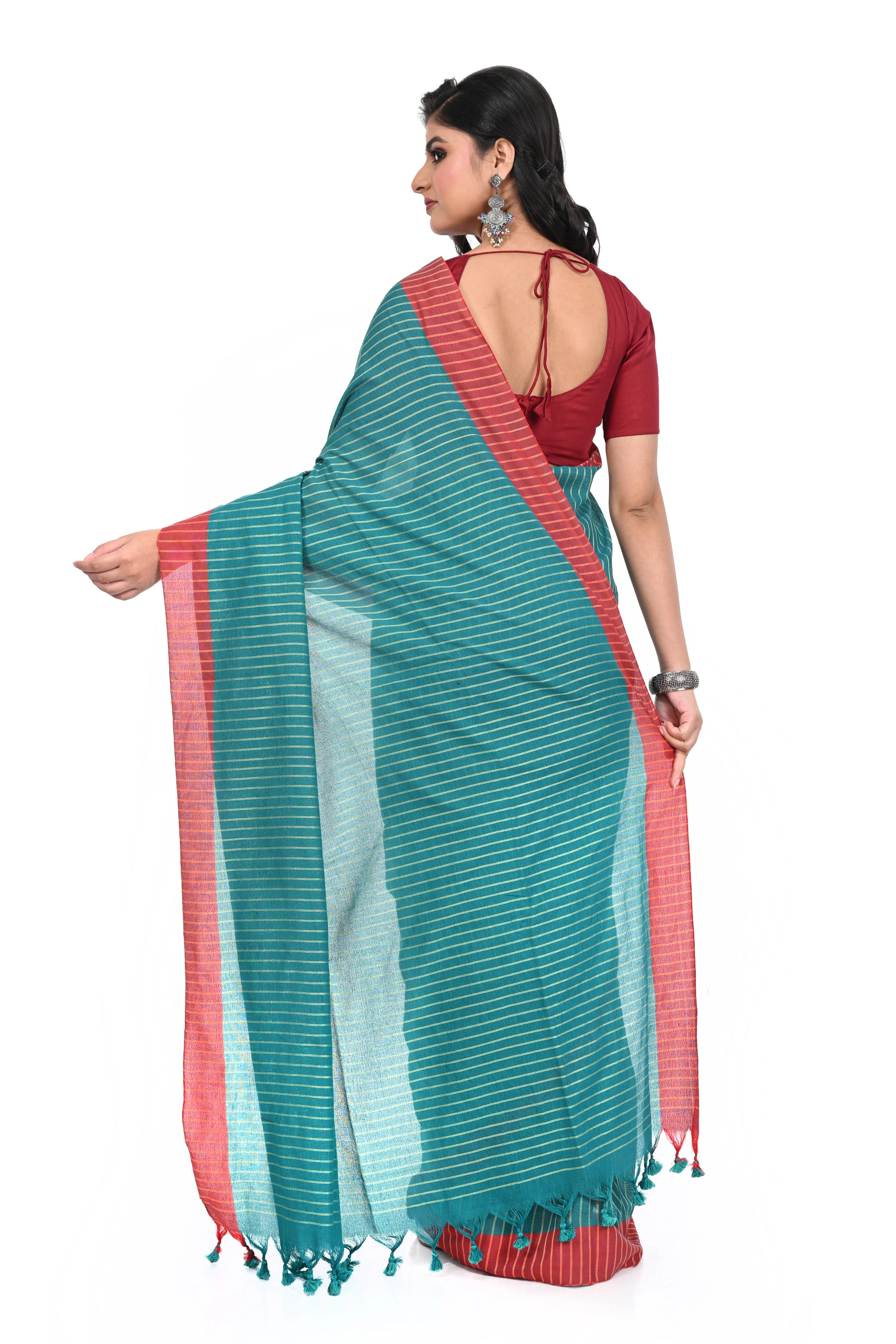 Rama Green Red Bordered Cotton Handloom Saree