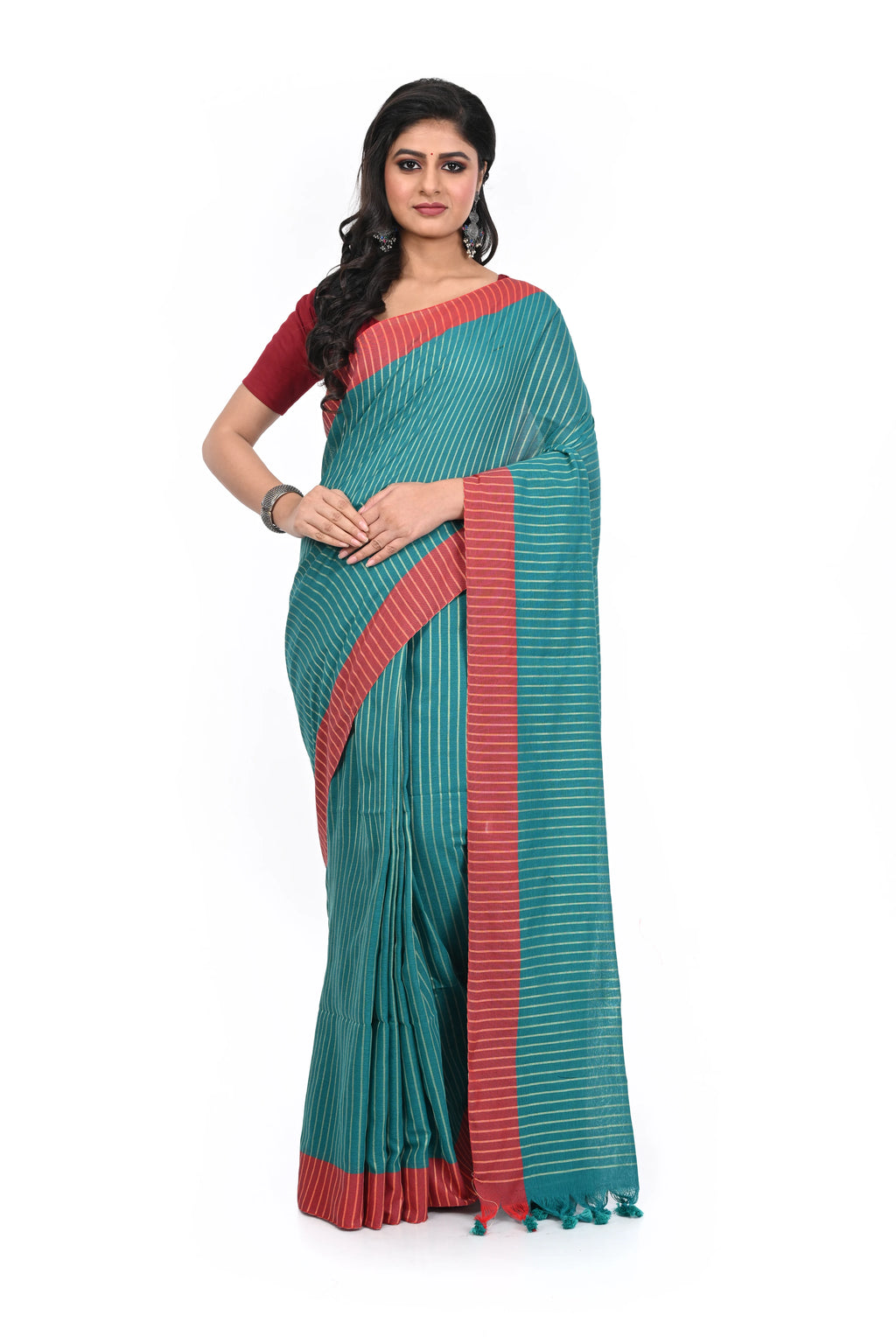 Rama Green Red Bordered Cotton Handloom Saree
