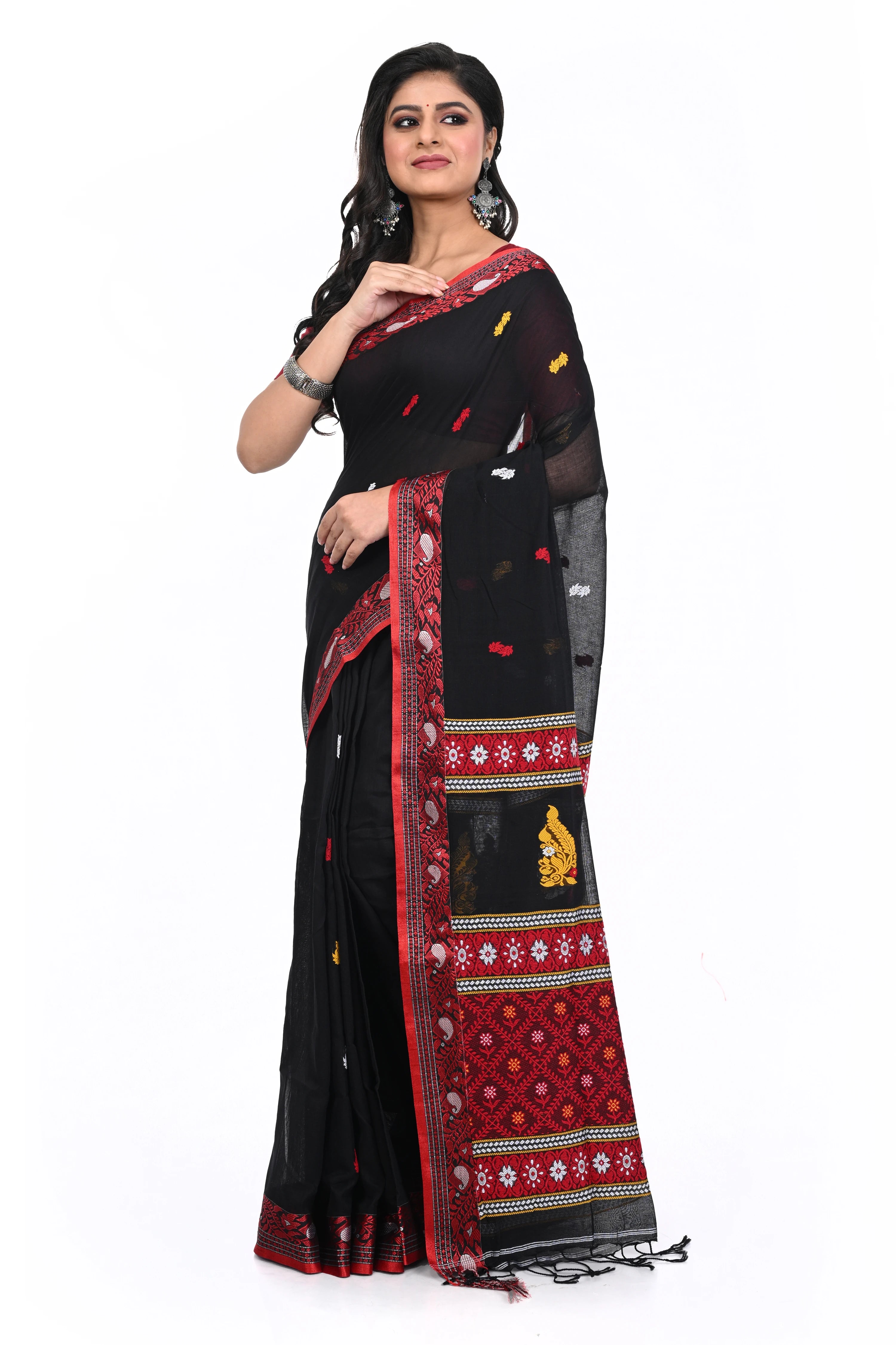 Red Border Pure Black Saree with All Over Buta and Very Decorated Pallu with Ethnique Look