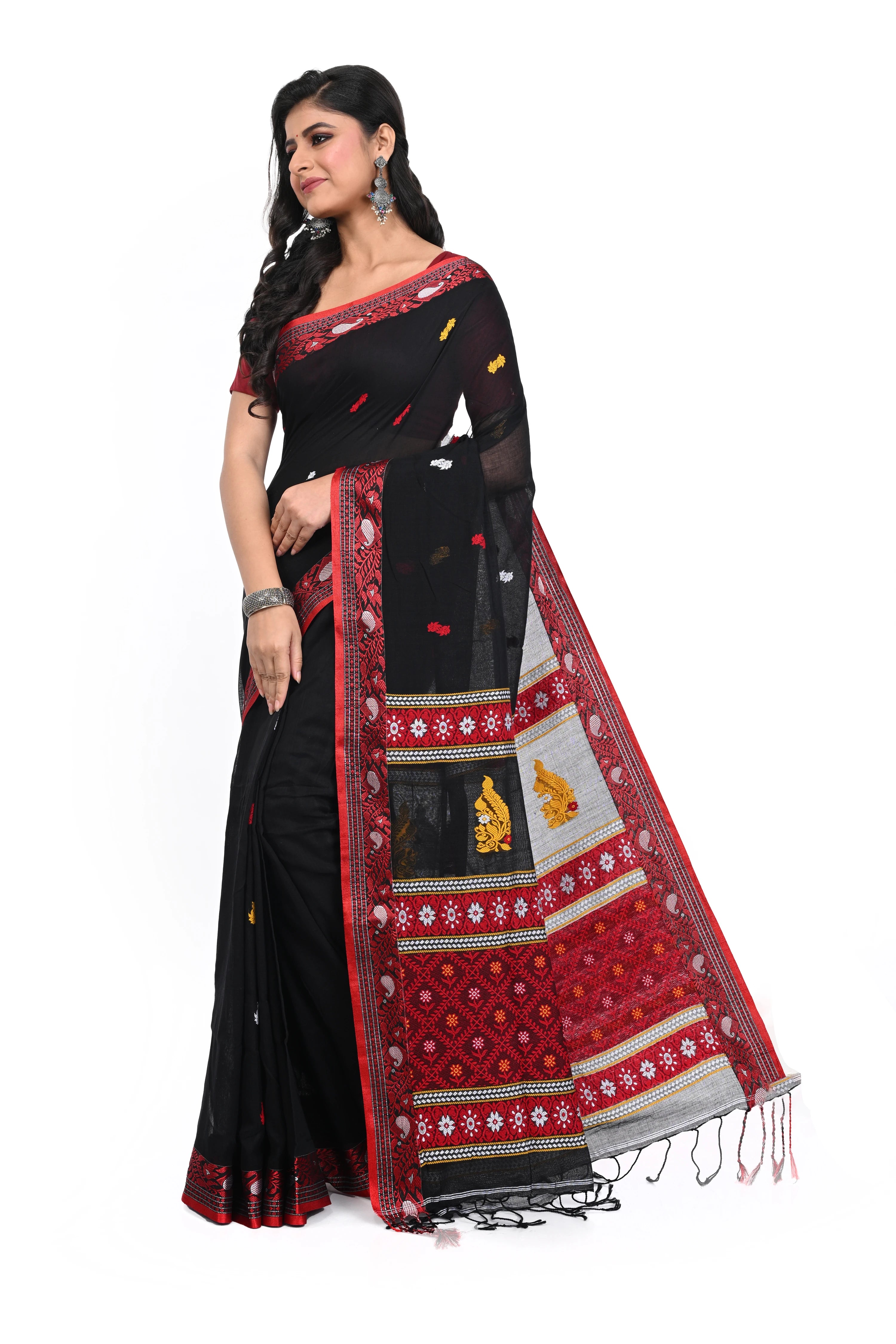 Red Border Pure Black Saree with All Over Buta and Very Decorated Pallu with Ethnique Look