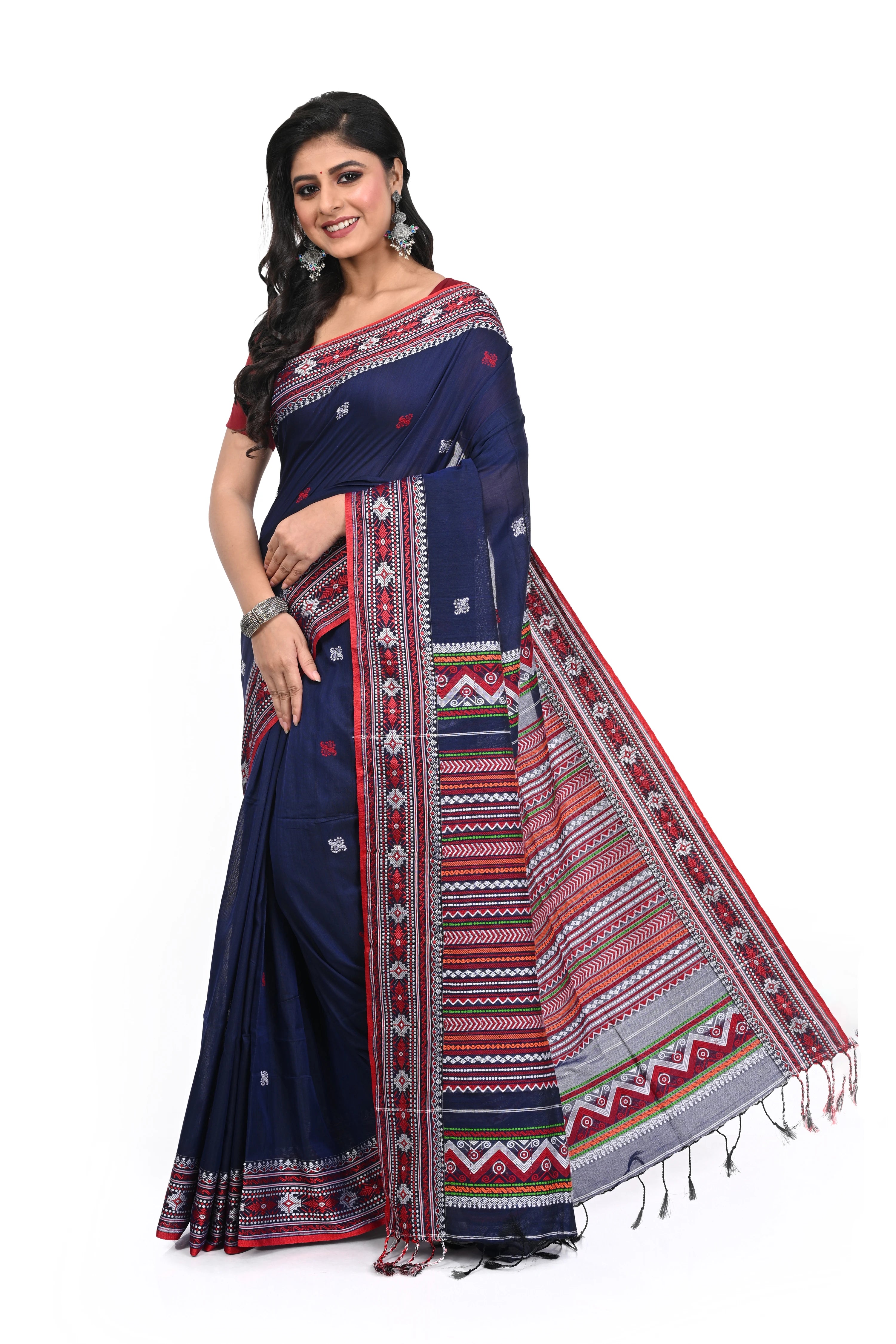 Red Border Blue Saree with Buta and Decorated Pallu